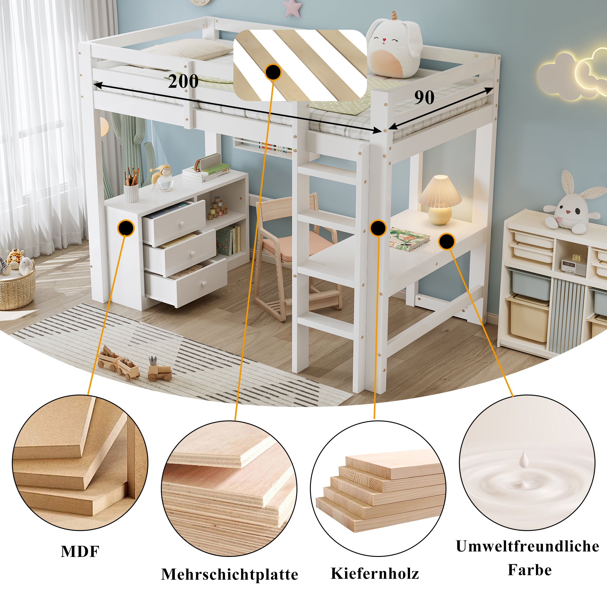 Children's Loft Bed Desk Storage Ladder, White Pine + MDF