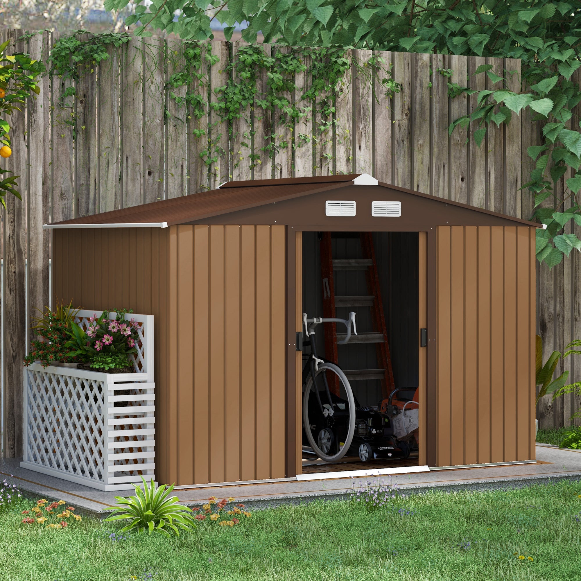 Metal Garden Shed 9 x 6ft with Double Doors, Light Brown
