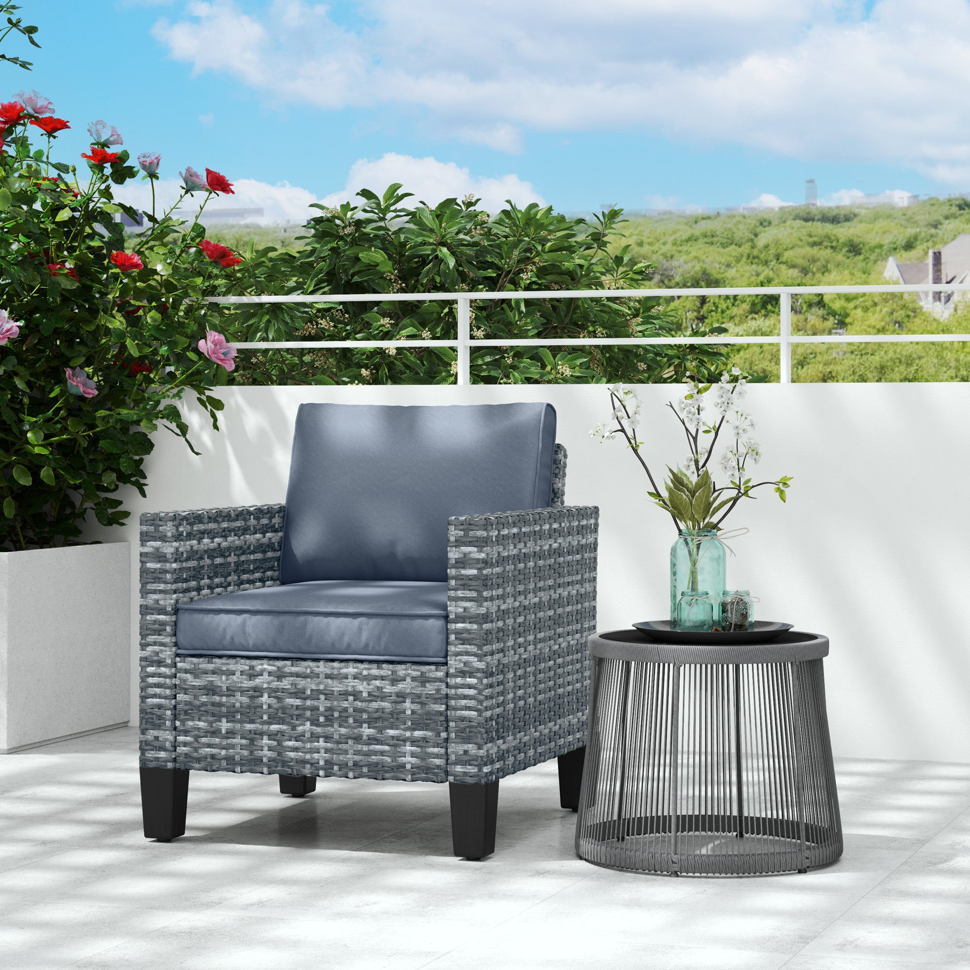 Single Armchair with Cushions, Rattan, Light Grey
