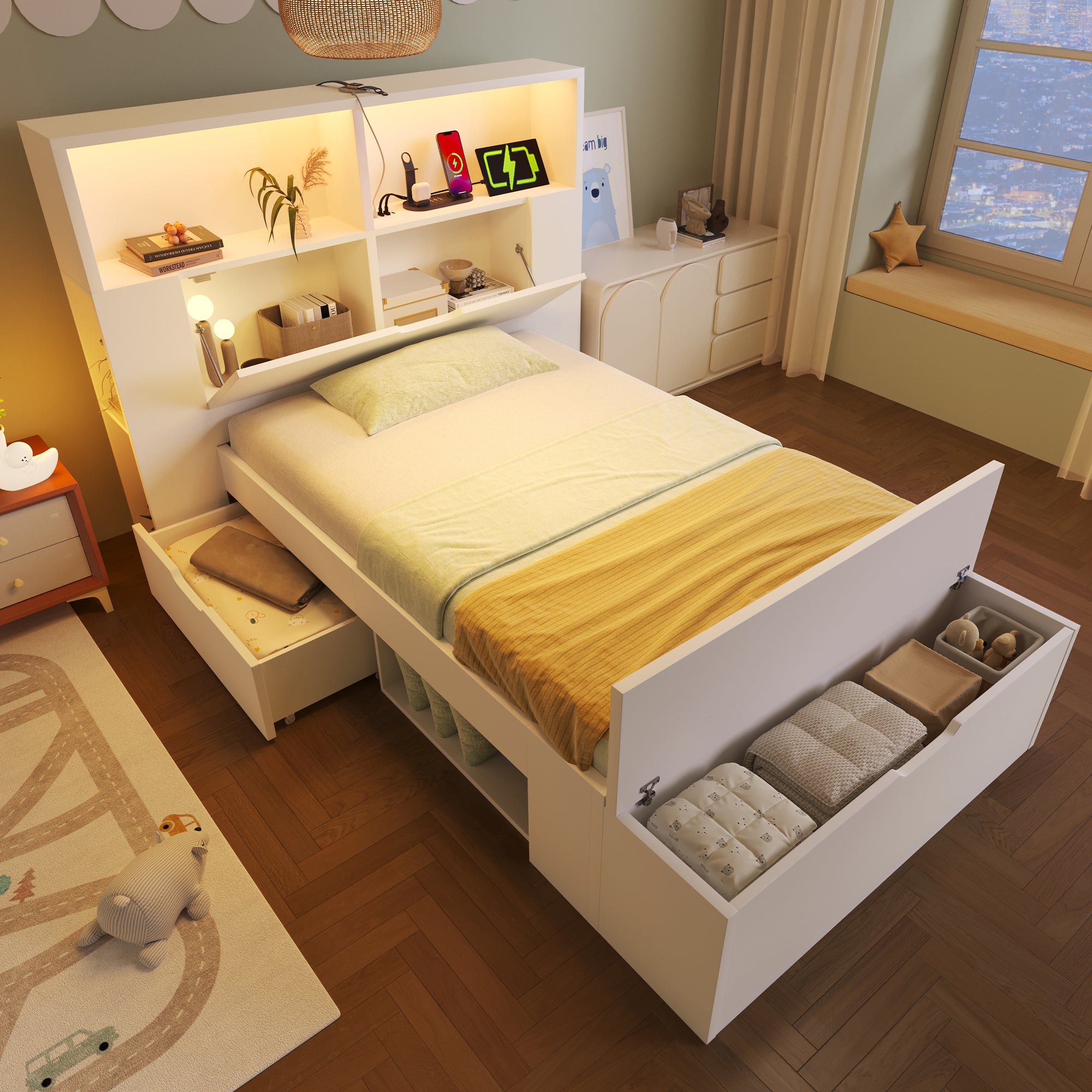 Wooden Single Bed 90x200cm Storage LED USB Drawers Shelves - White Wood