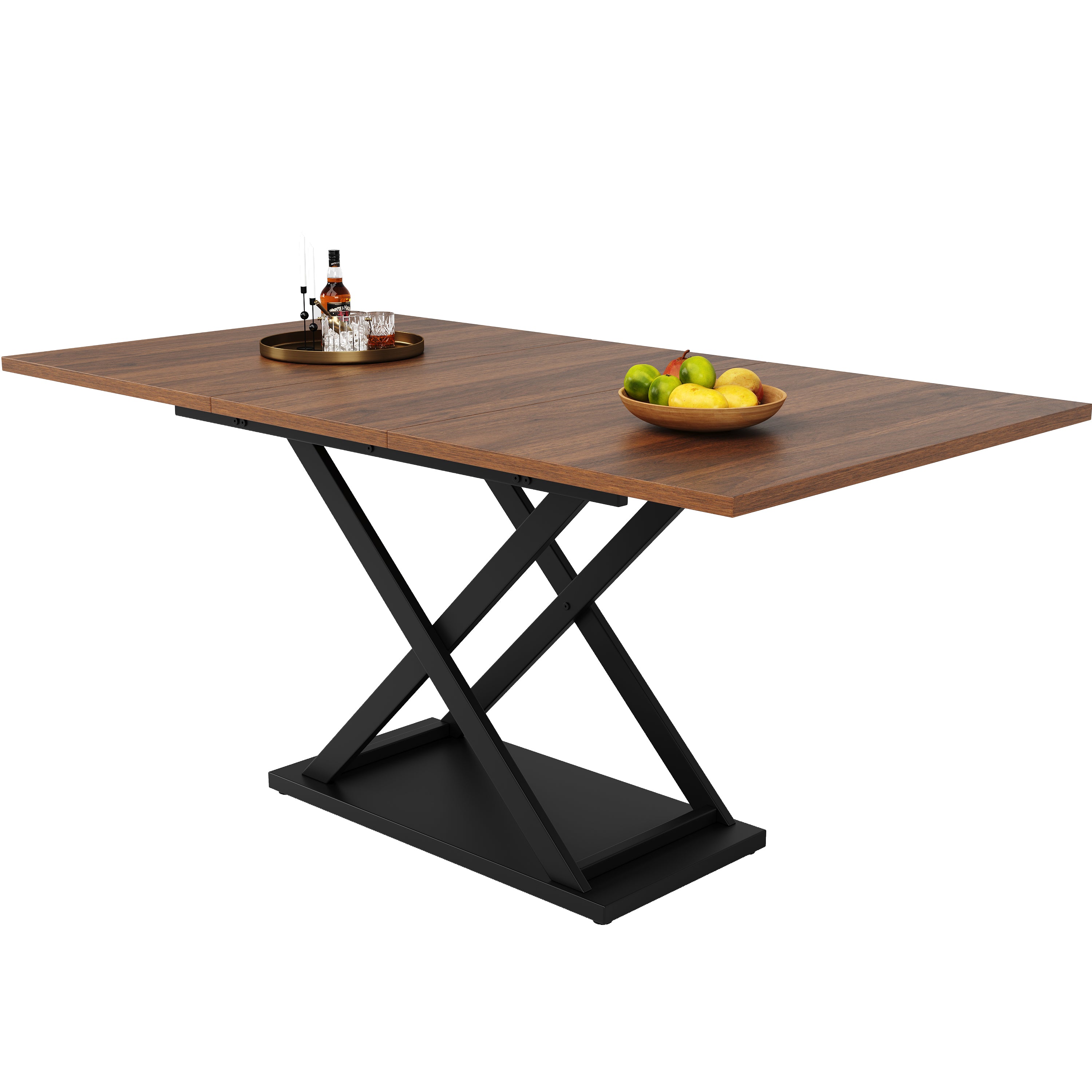 Telescopic Dining Table, Extendable Space-Saving with Crossed Iron Legs, Walnut