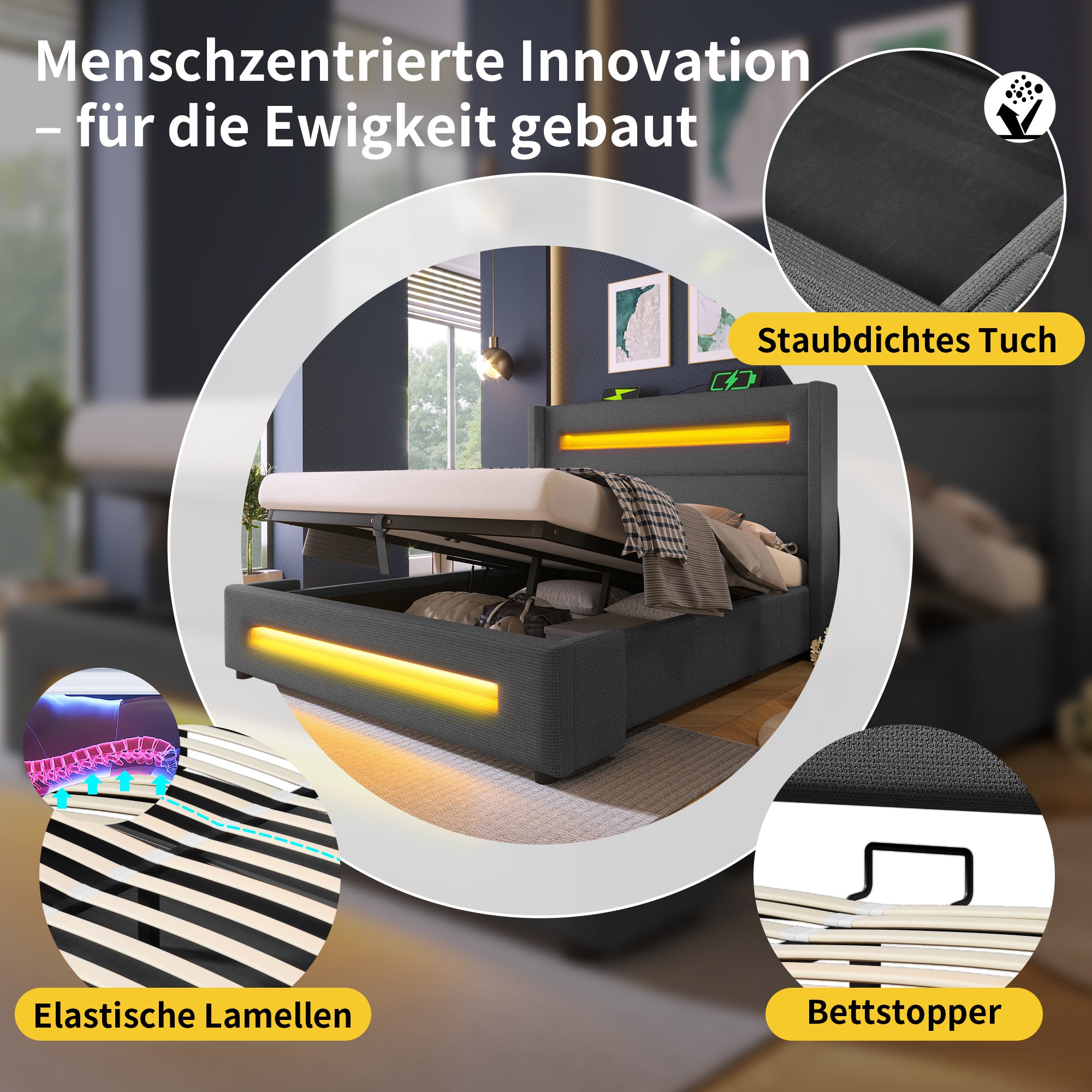 Upholstered Double Bed, 160x200cm, LED & Hydraulic Storage, Gray Linen