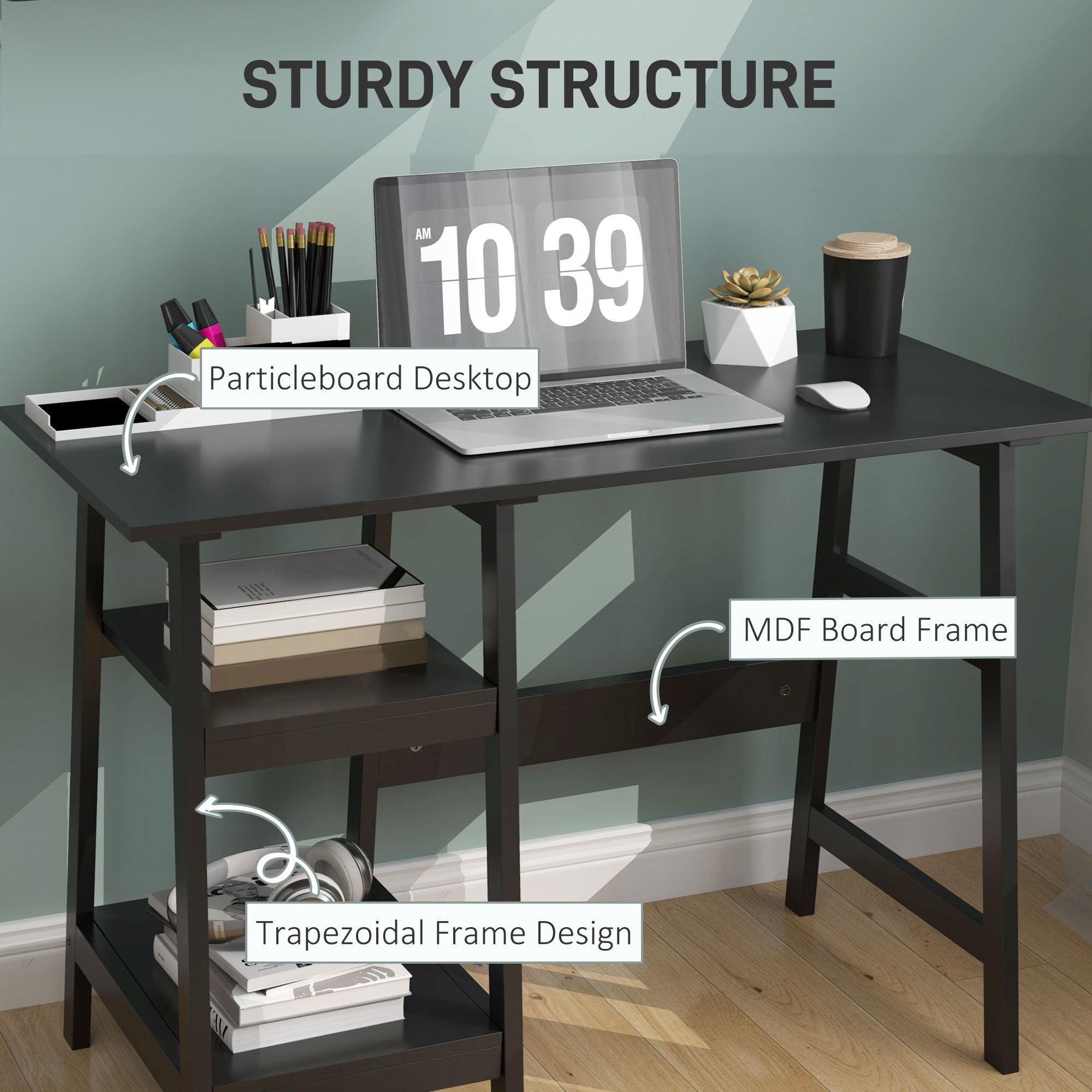 Compact Computer Desk with Storage Shelves and Bookshelf, Black