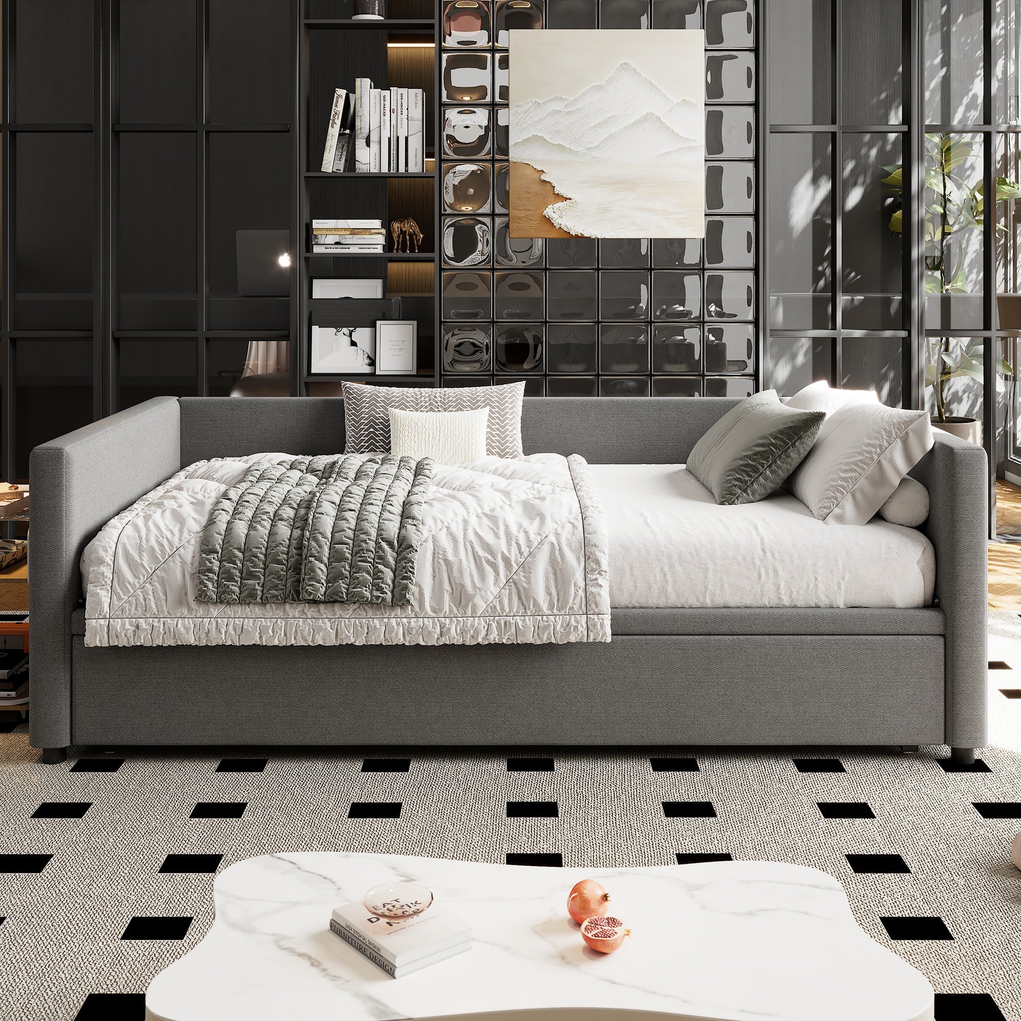 Upholstered Bed, 3FT Single with Pull-Out Trundle, Daybed Sofa, Linen Grey