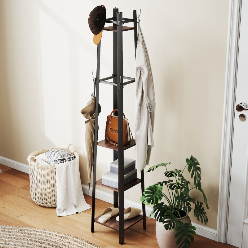 Coat Rack, 4-Tier Freestanding with 8 Hooks and 4 Shelves, Industrial Style, Brown