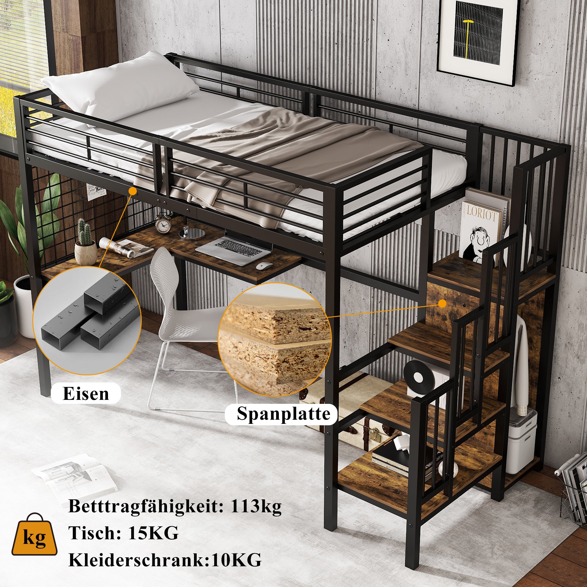 Iron Bunk Bed, Loft Bed with Table & Wardrobe, 90x200cm, Black Iron & Dark Wood