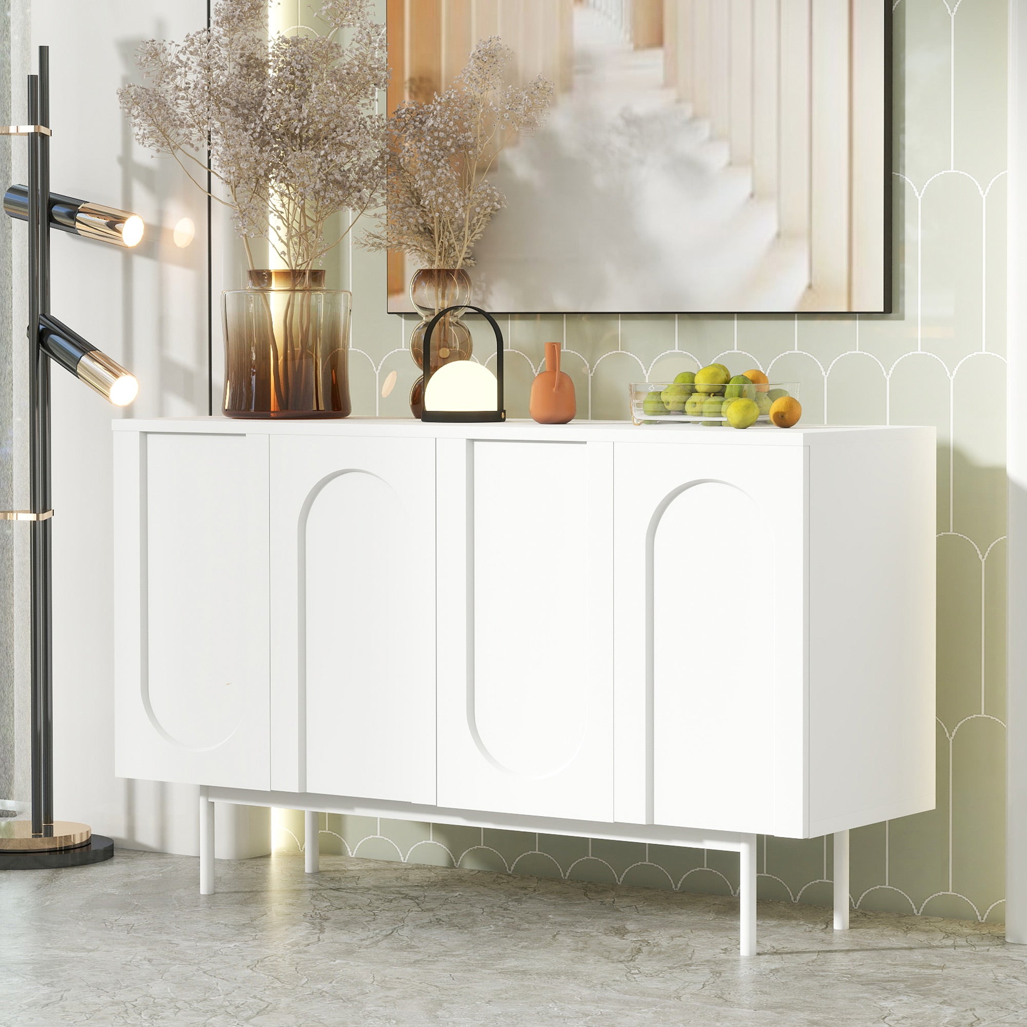 Sideboard, Minimalist Arched Pattern 4-Door, Pure White