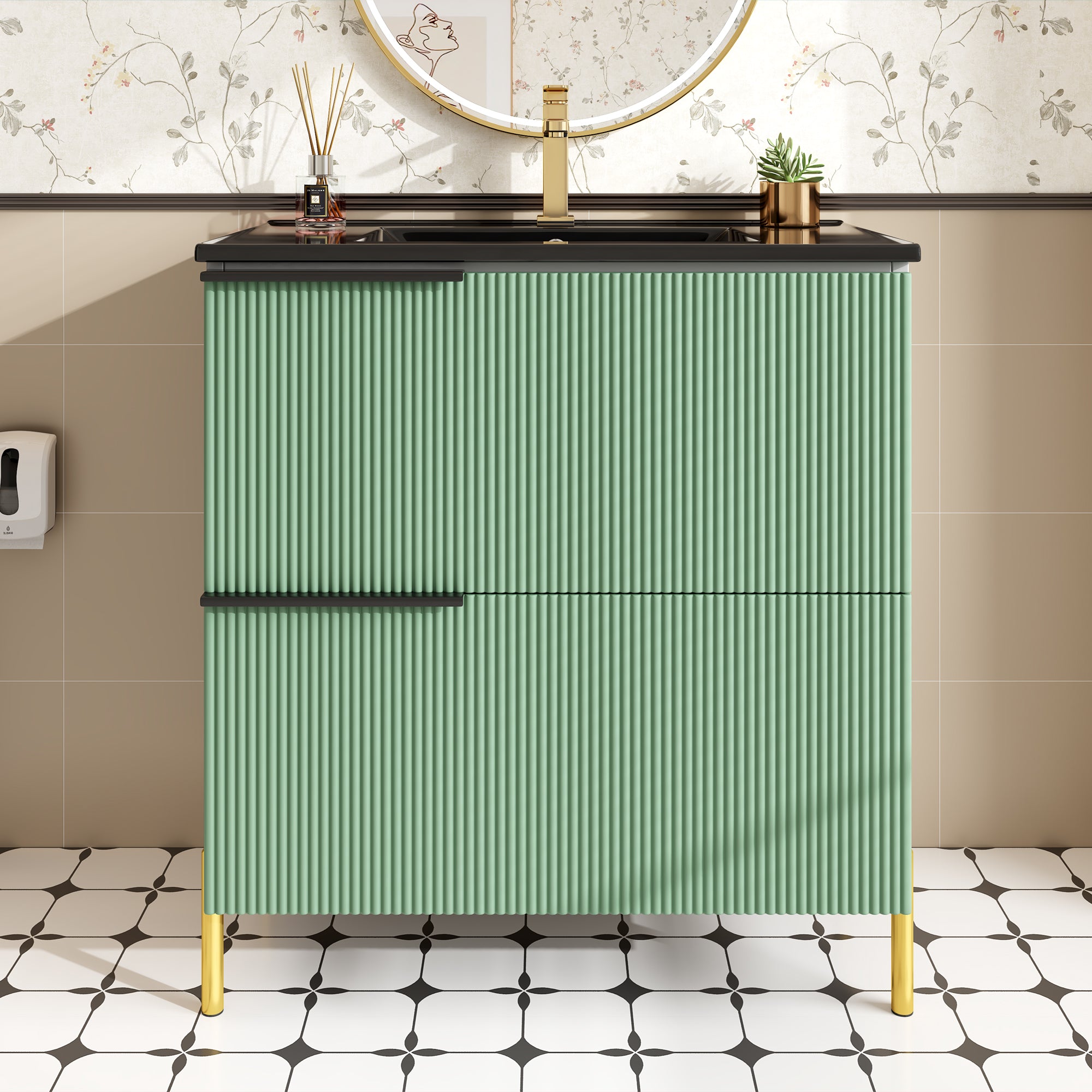Bathroom Vanity Unit with Ceramic Sink and Storage Drawers, Green