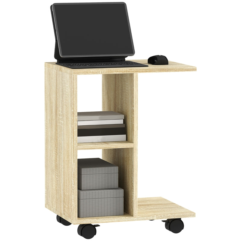 C-Shape End Table 2 Shelves 4 Wheels Storage Unit Natural