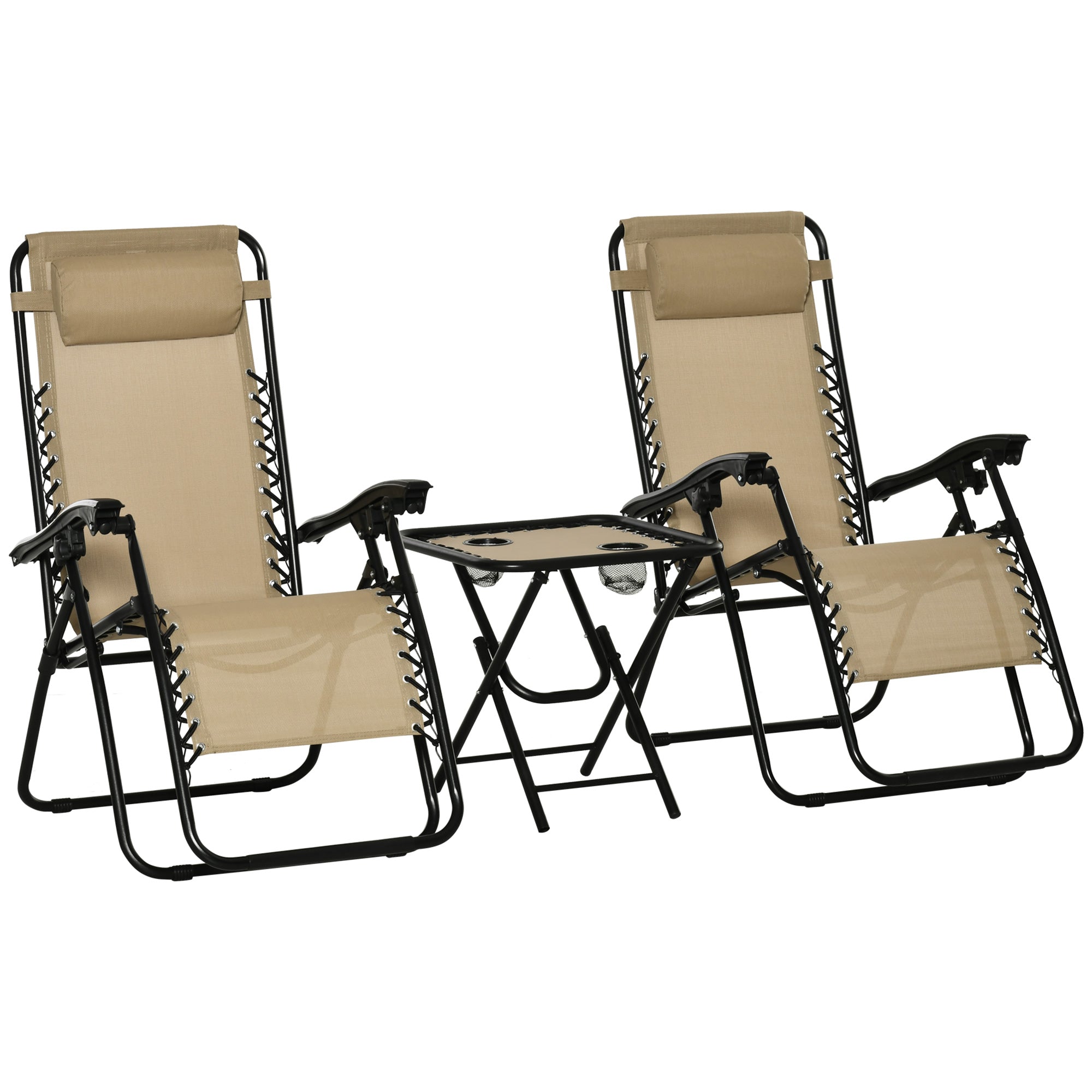Folding Zero Gravity Chairs, 3 Pieces Adjustable Sun Lounger Set with Table, Beige