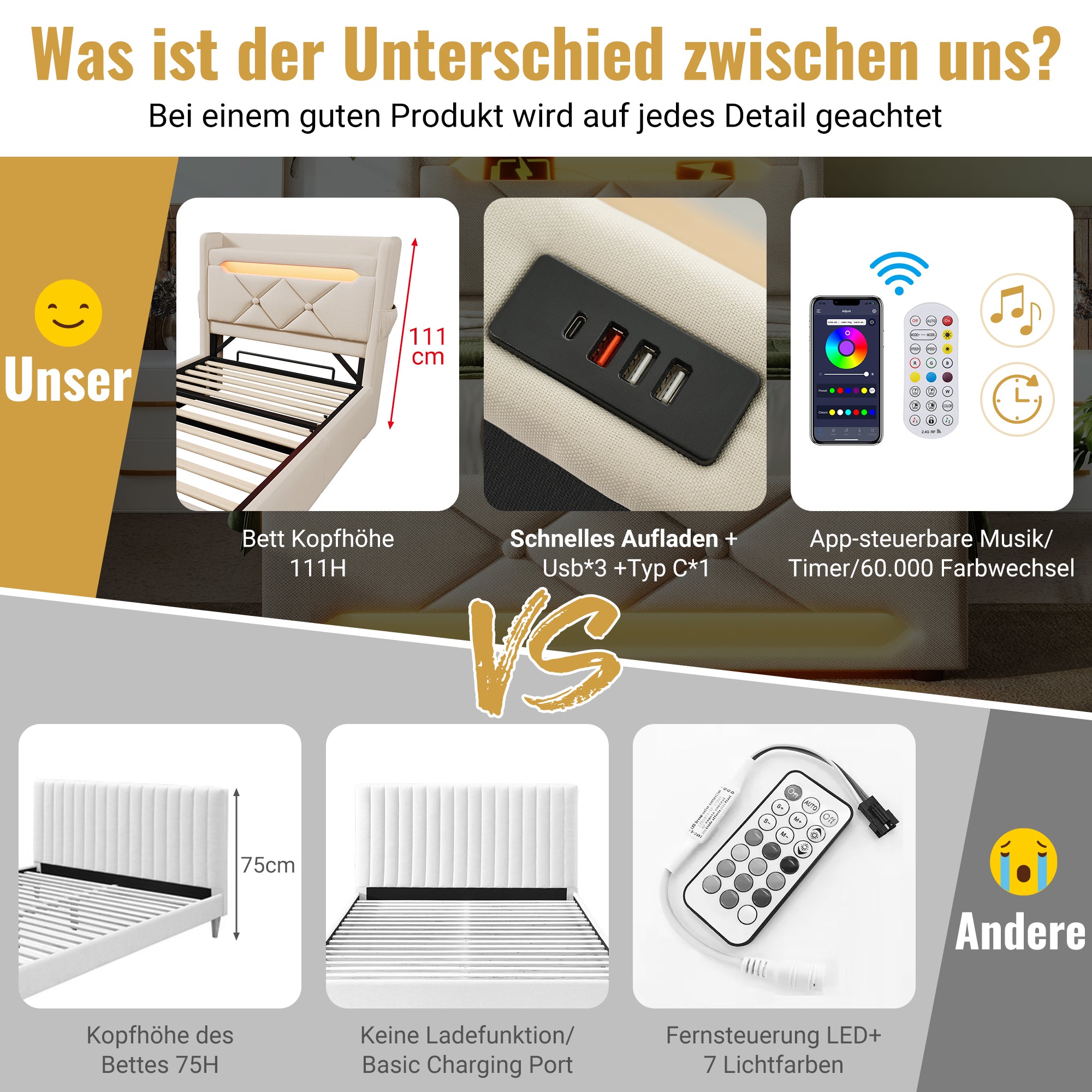 Upholstered Single Bed 90x200 Hydraulic Storage Headboard with USB/Type C & 360° LED Lighting, Beige Linen