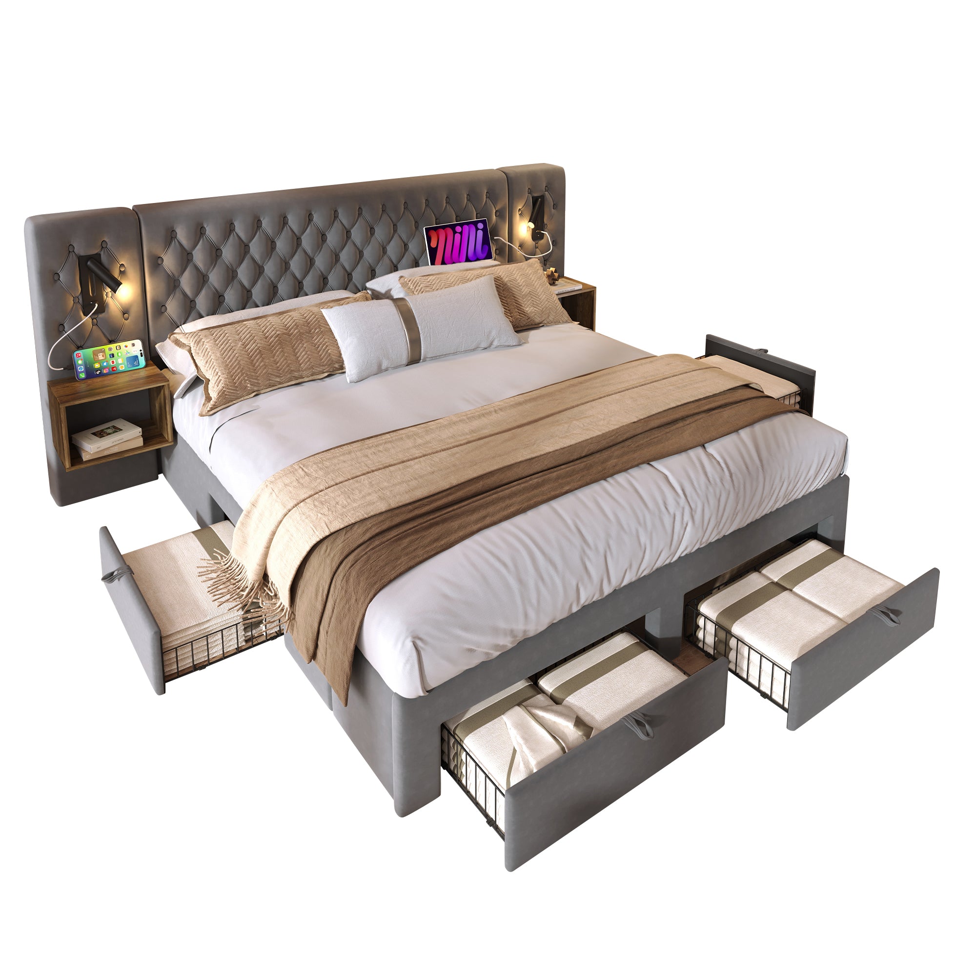 Bedroom Set, Upholstered Double Bed 160×200 cm with 2 Nightstands & 4 Drawers, Headboard Reading Light with USB Charging, Gray Velvet (With Mattress)