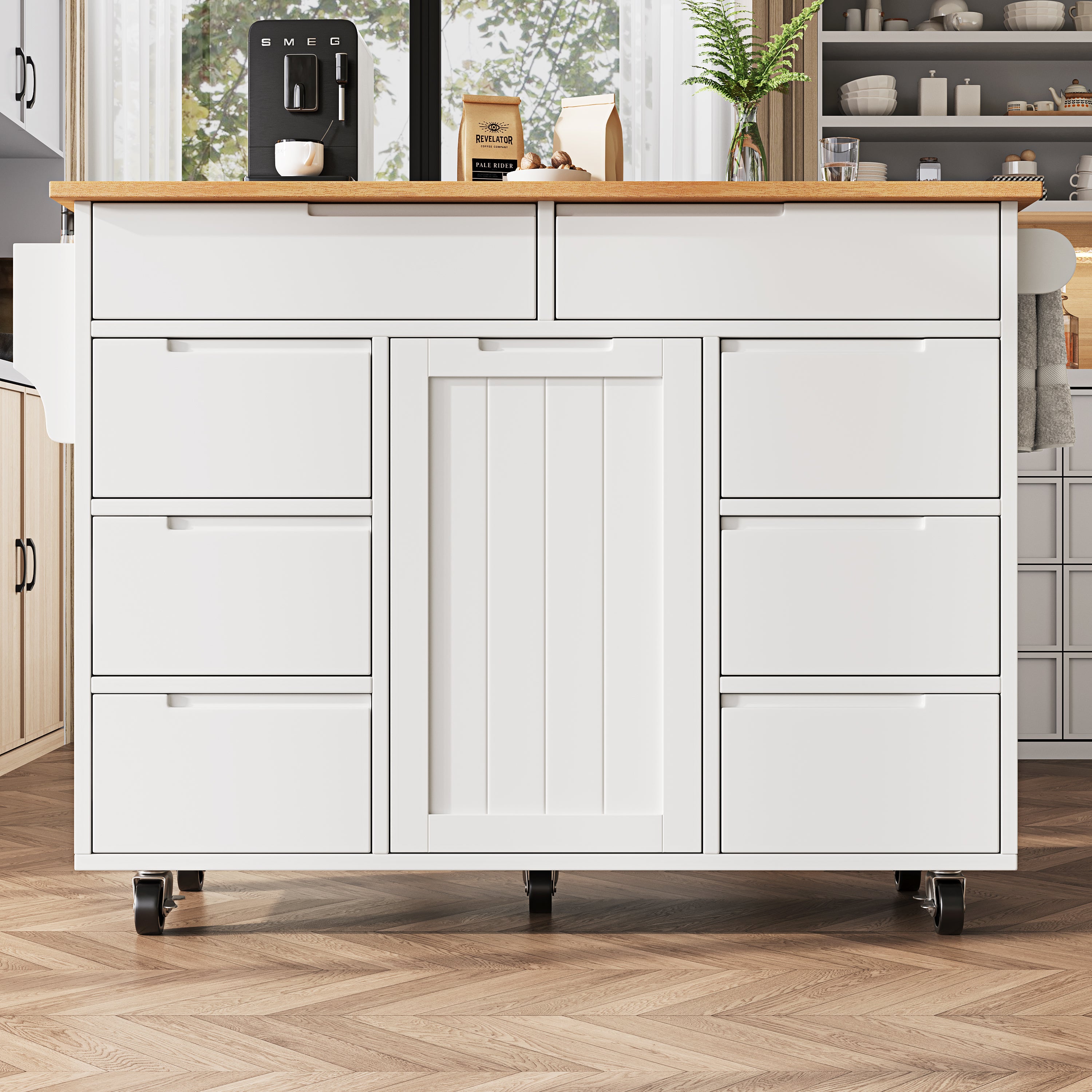 Extendable Kitchen Island Trolley 8 Drawers Worktop Wheels - White