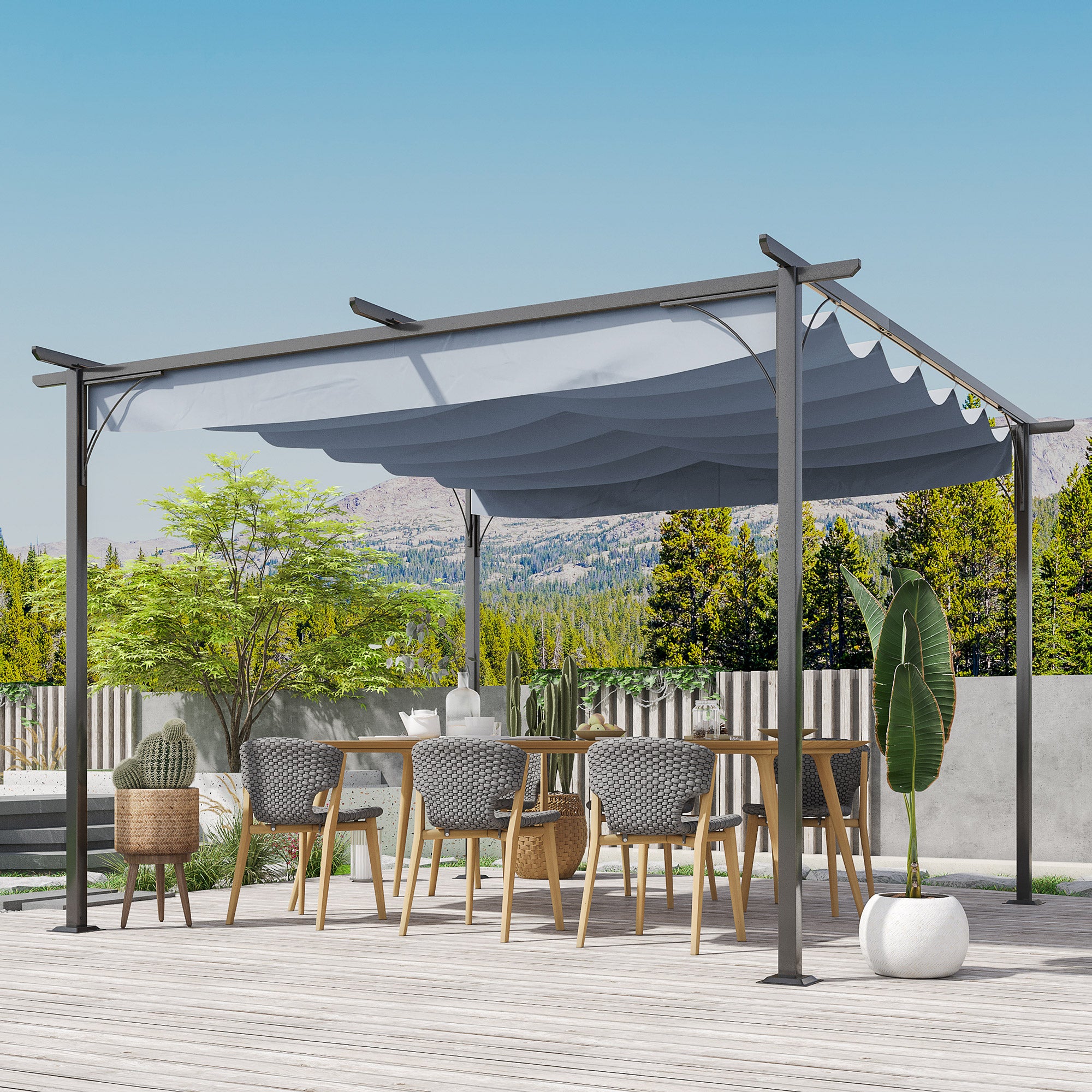 Metal Pergola Gazebo Awning 3.5M X 3.5M Retractable Canopy Sun Shade, Grey