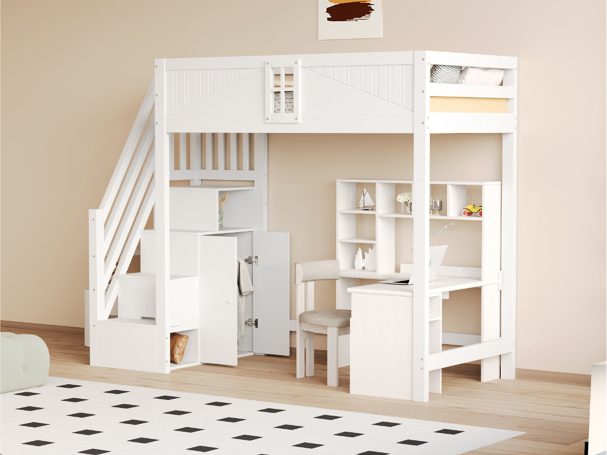 Loft Bed, Multifunctional with Safety Door & Storage, Solid Wood White