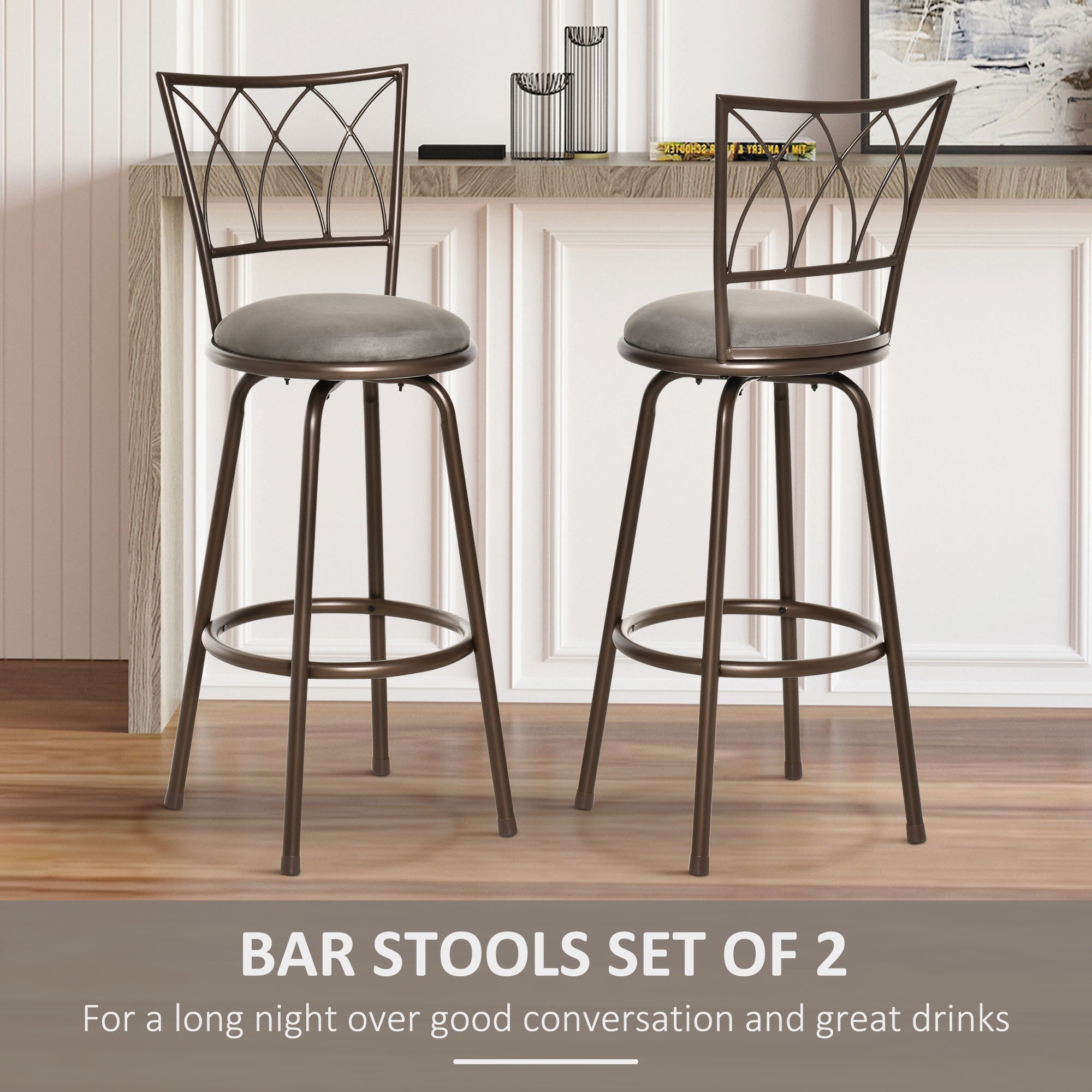 Set of 2 Bar Chairs Swivel Upholstered Metal Barstools, Bronze