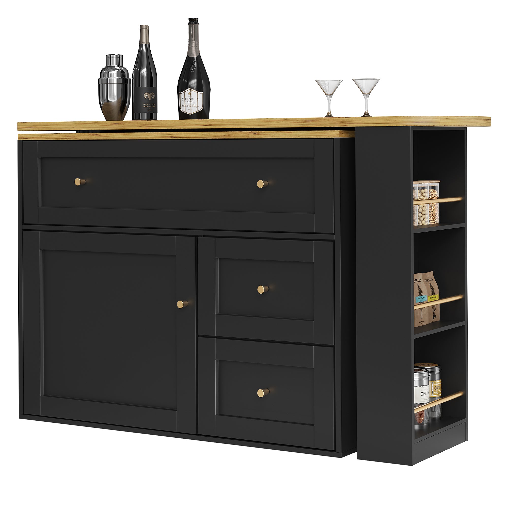 Extendable Bar Table with Storage and Snack Shelf, Black