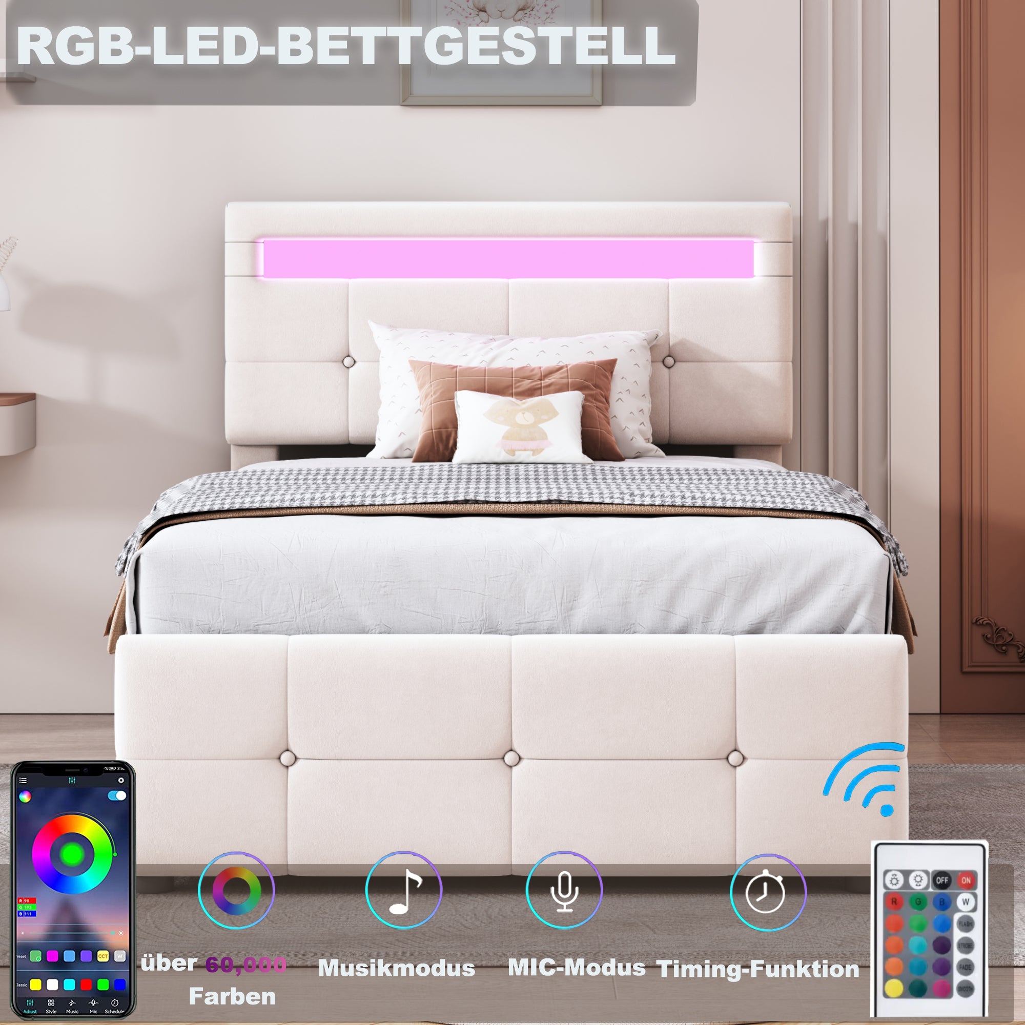 Upholstered Children's Bed 90x200cm, LED, Hydraulic Storage, Adjustable Headboard, Velvet Beige