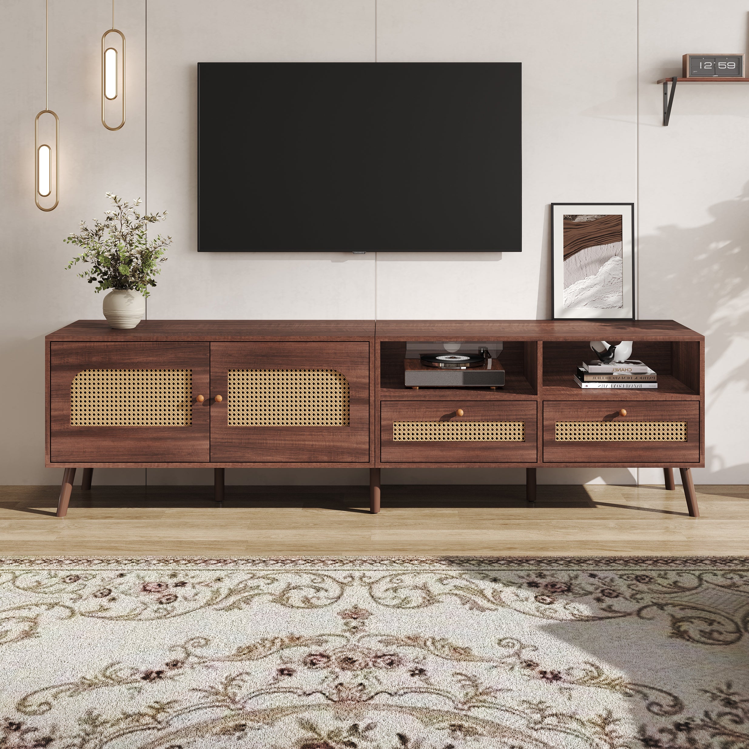 TV Cabinet, 80-inch with Rattan Doors & Drawers, Brown