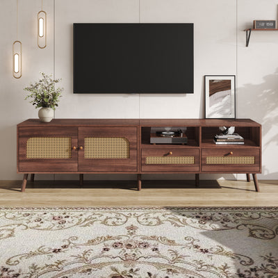 TV Cabinet, 80-inch with Rattan Doors & Drawers, Brown