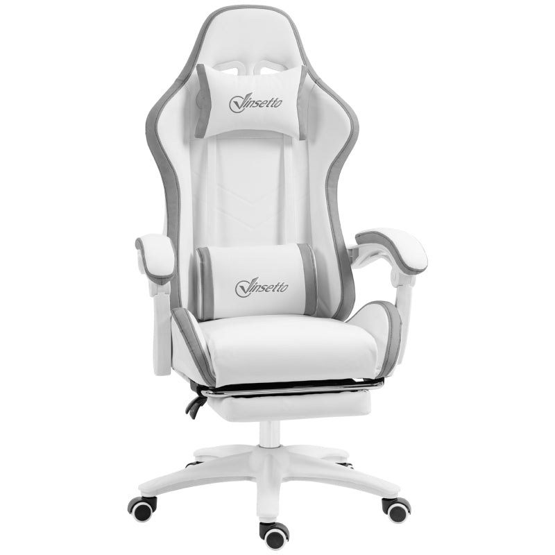 Computer Gaming Chair, 135° Reclining Back Footrest Lumbar Support, White and Grey PU Leather