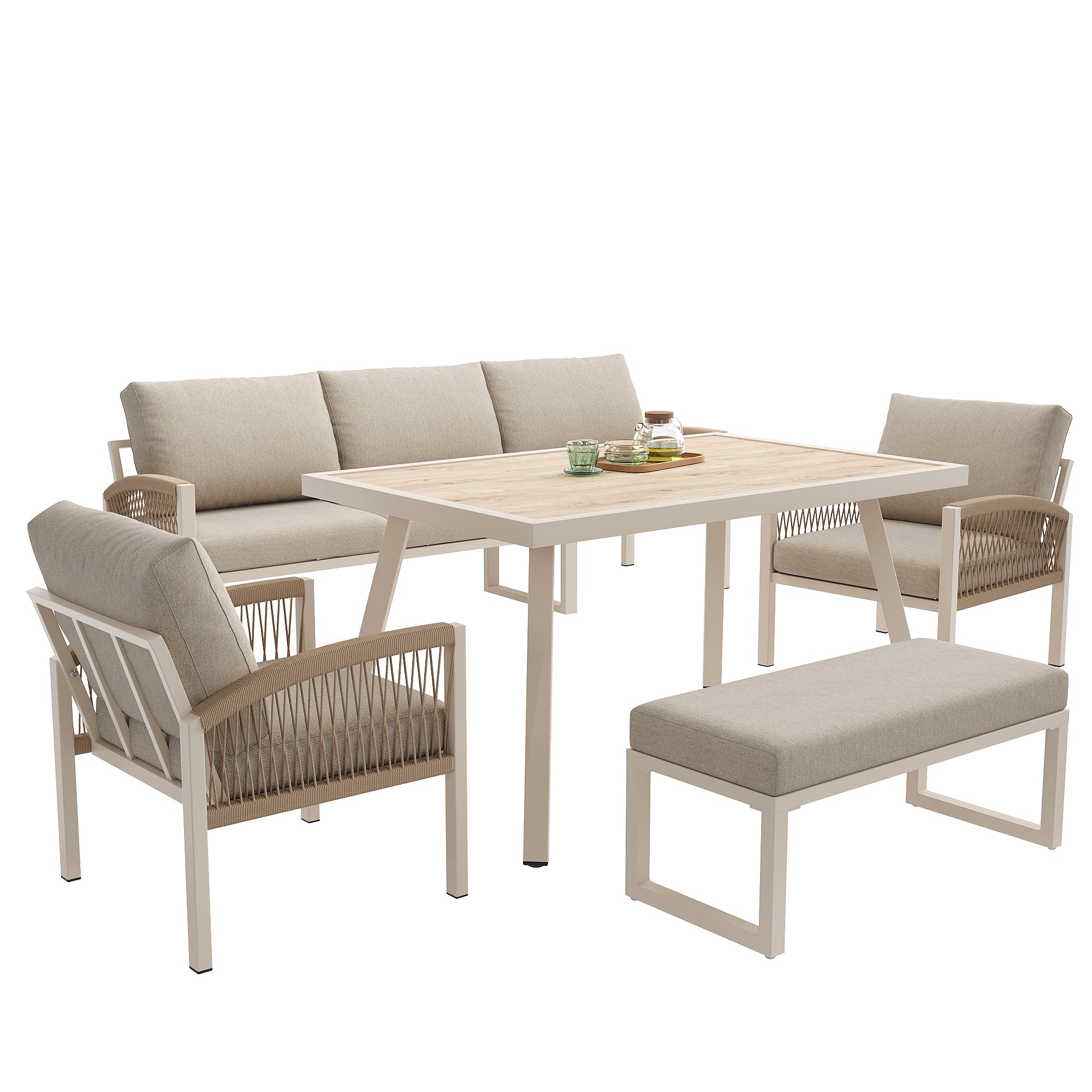 Handwoven Garden Sofa Set 7-Seater with Table 2 Armchairs Weatherproof - Beige/Iron Frame