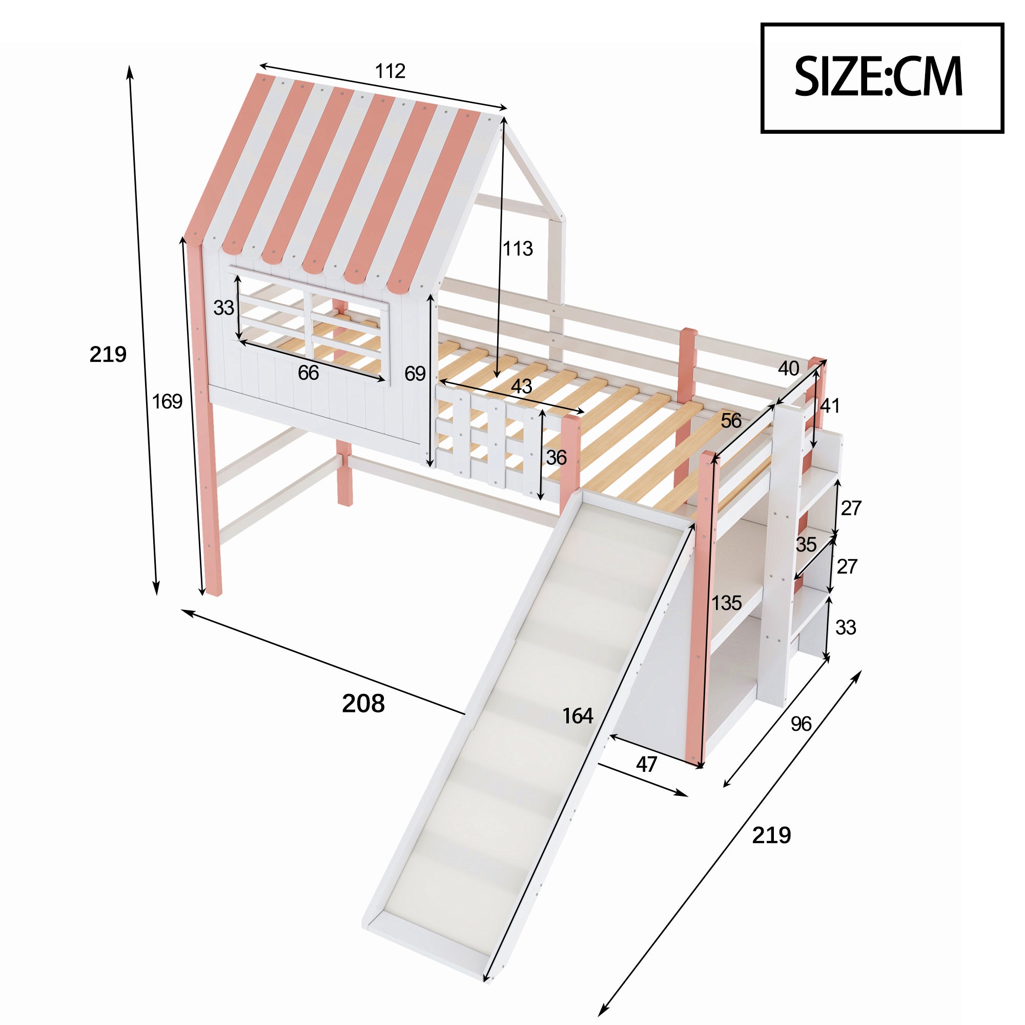 Children's Bed, Attic Design with Safety Ladder & Slide, Multi-Level Storage, Solid Wood, Pink