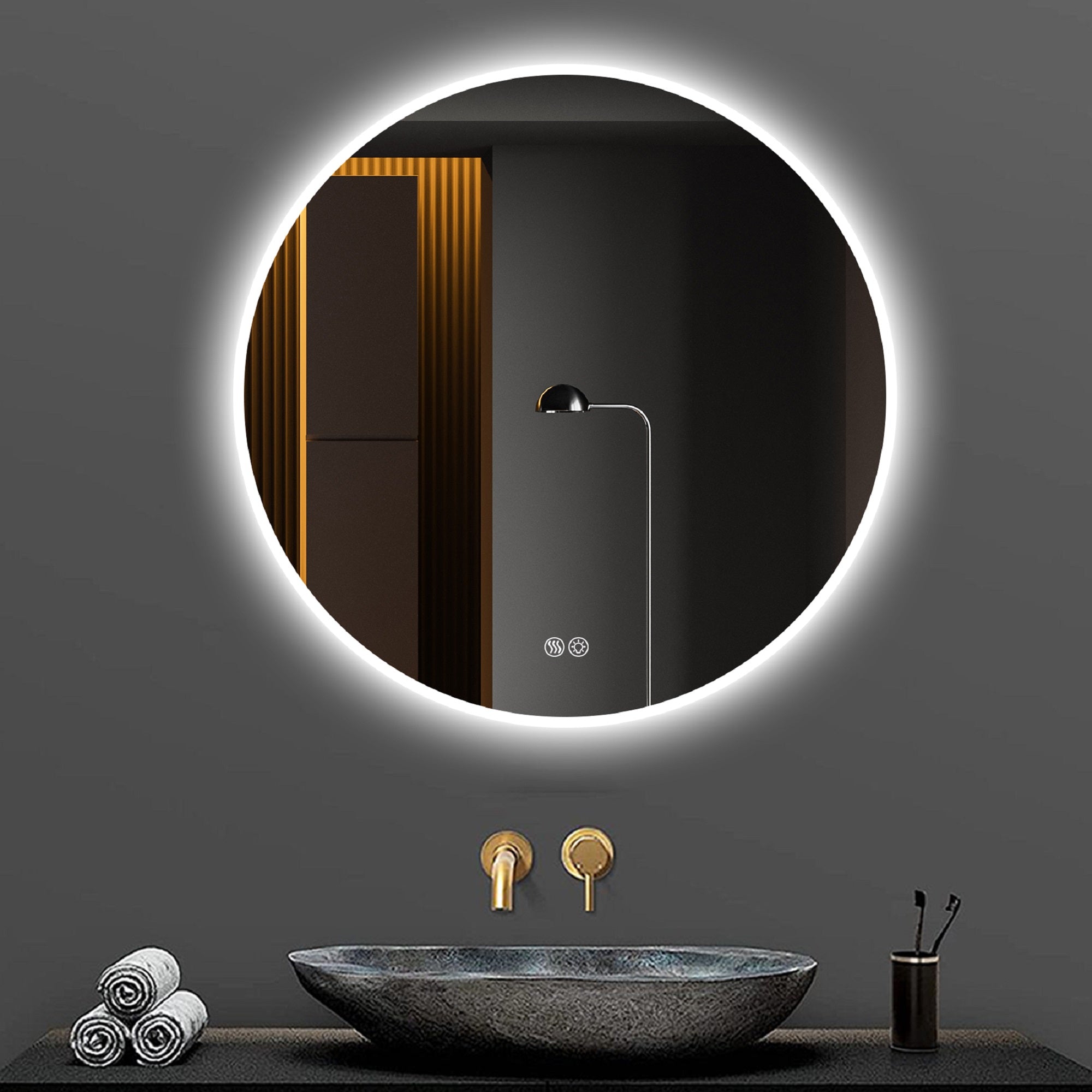 80cm Round LED Bathroom Mirror, Anti-Fog, Dimmable Light, Wall Mount