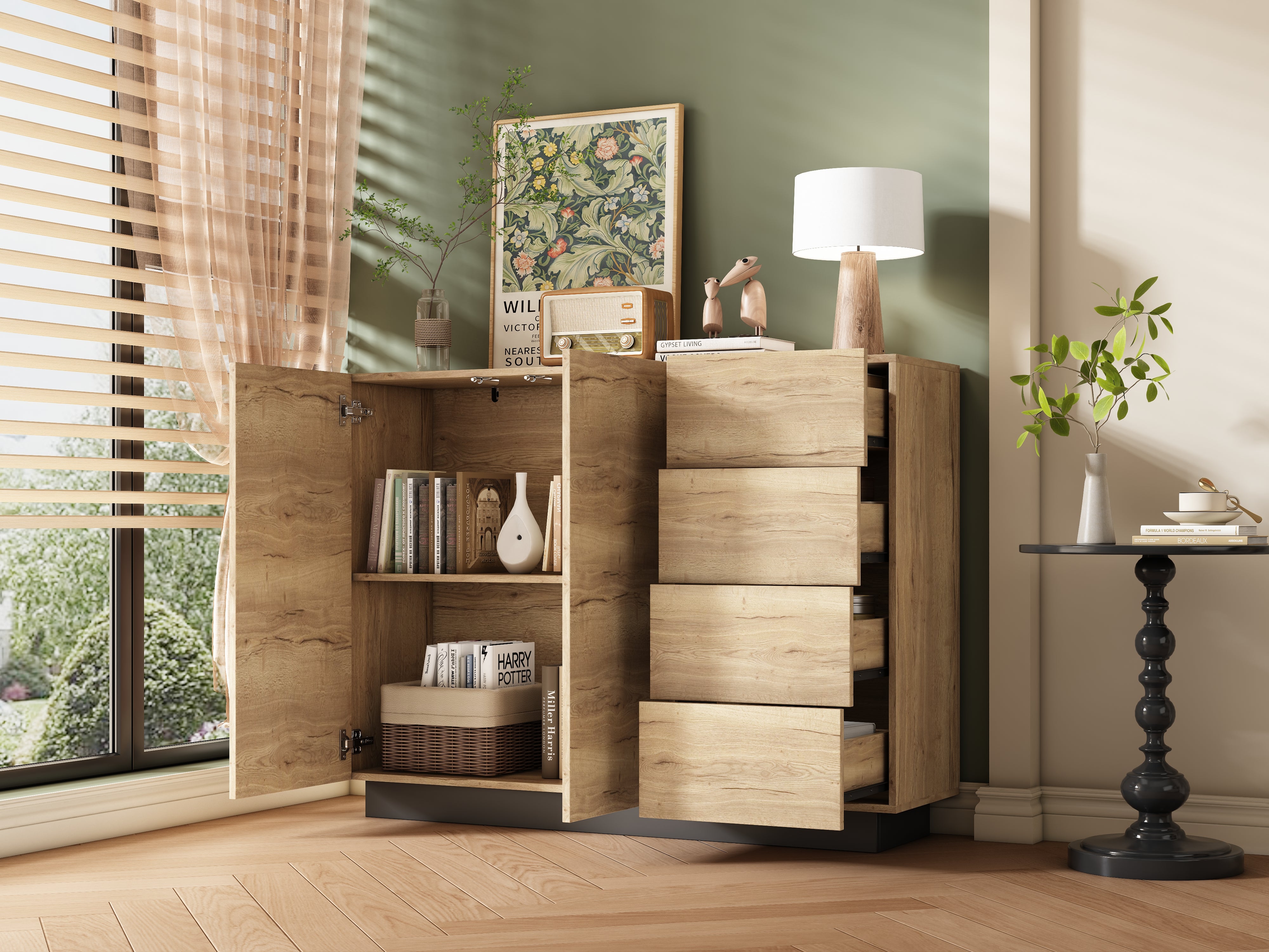 Chest of Drawers Sideboard Storage Cabinet 4 Drawers 2 Doors Black and Natural