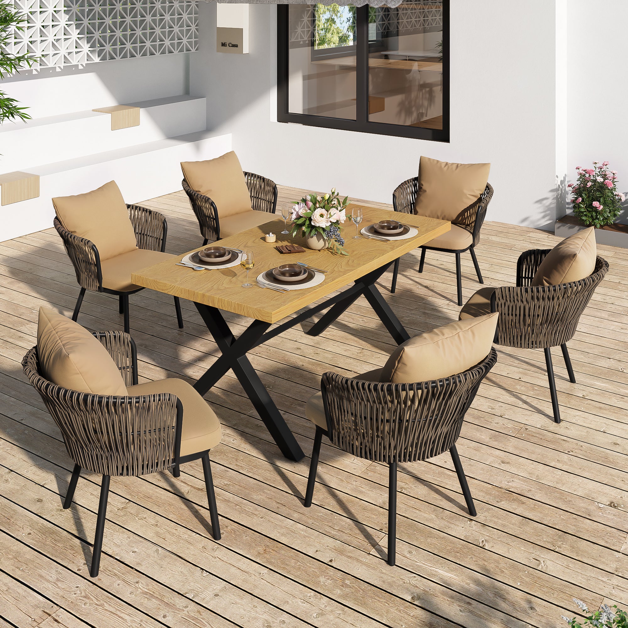 Modern Outdoor Dining Set with Seat Cushions, Rattan and Iron Frame