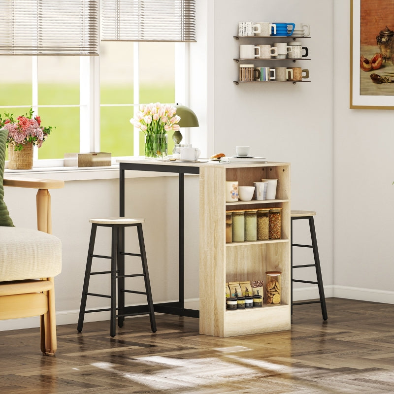 Bar Table with Bar Stool Set, 3-Piece, Storage, 2 Stools, Steel, Oak