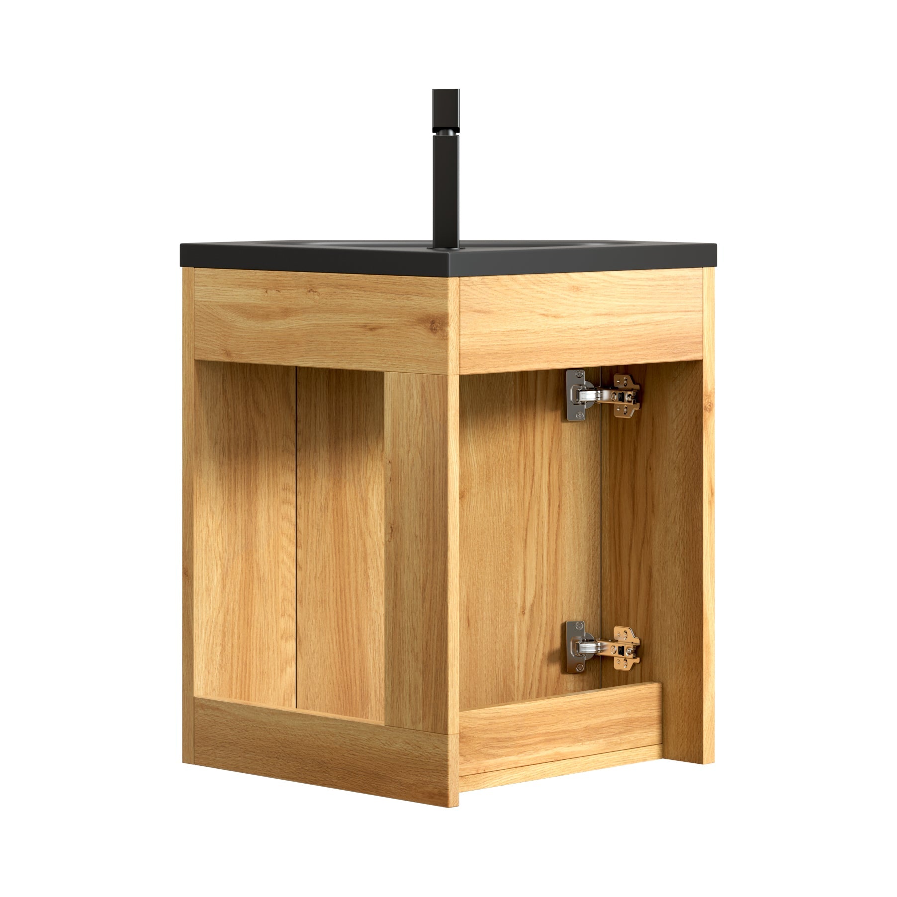 ZURI 38cm Wall Mount Bathroom Vanity Unit with Matt Black Resin Basin, Triangular Plywood Cabinets, Natural Wood