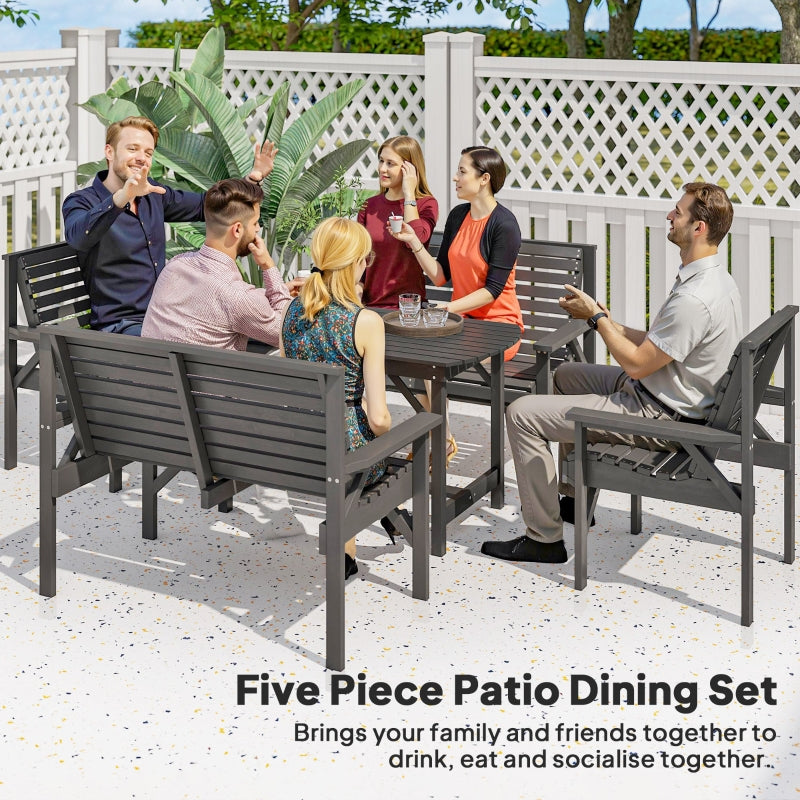 5 Piece Wooden Garden Dining Set, 6-Seater Outdoor Conversation Set with Umbrella Hole, Grey/Wood