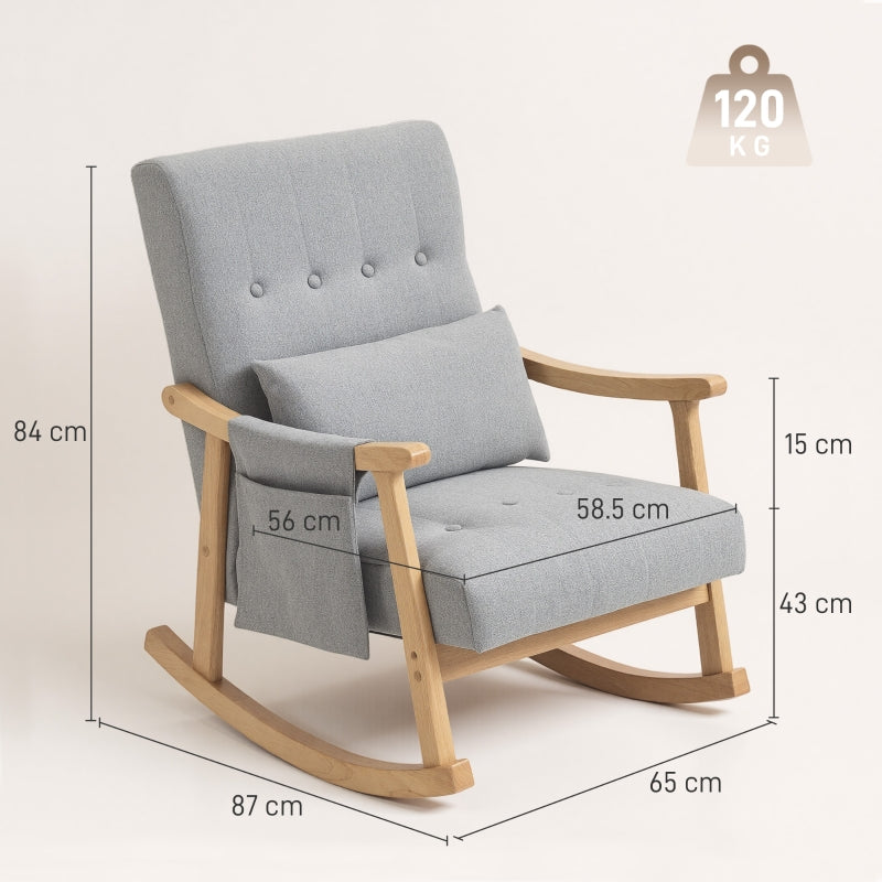 Wood Frame Rocking Accent Chair with 35° Rocking Base, Thick Padding, and Side Pocket, Light Grey