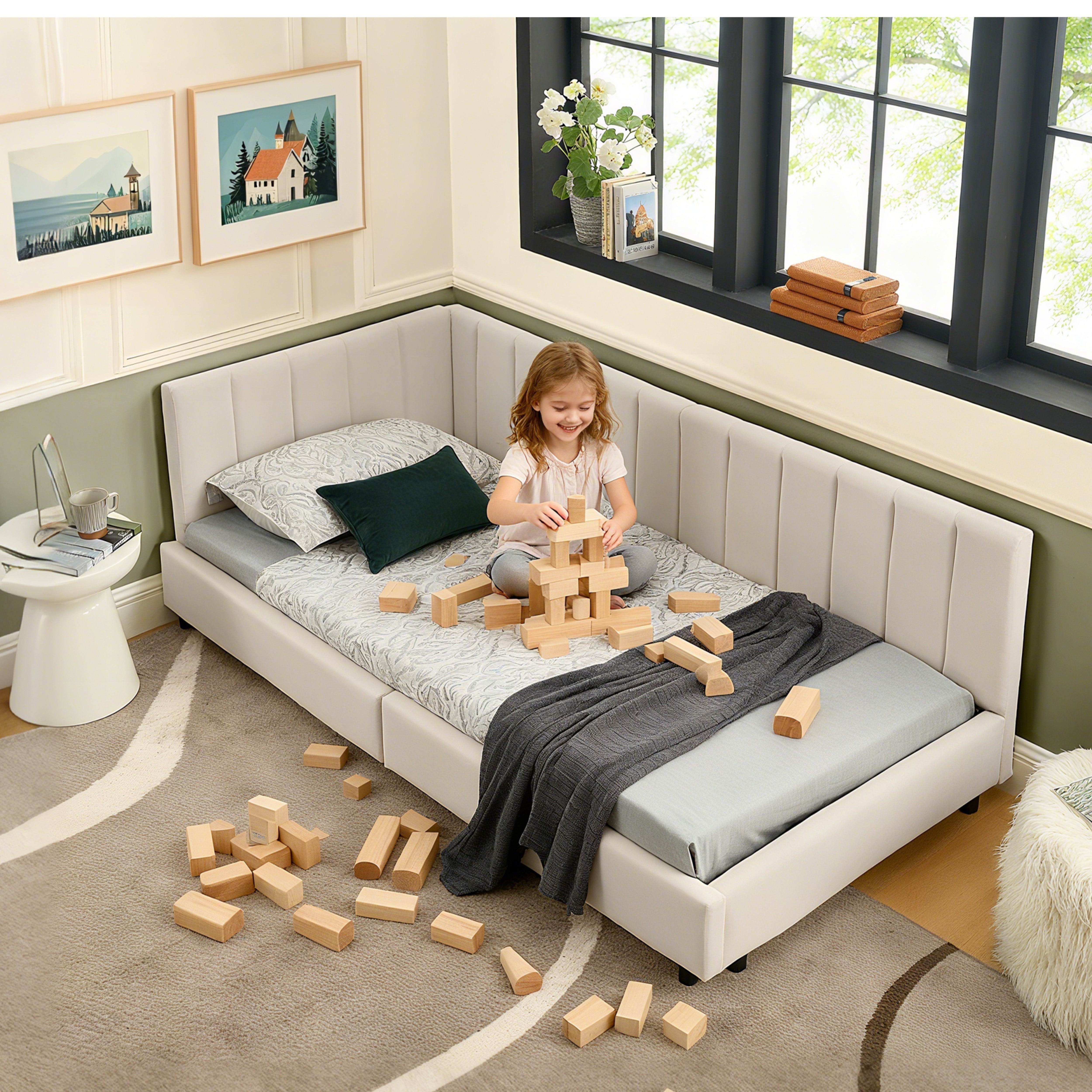 Single Bed 90x200cm High Backrest, Velvet Beige