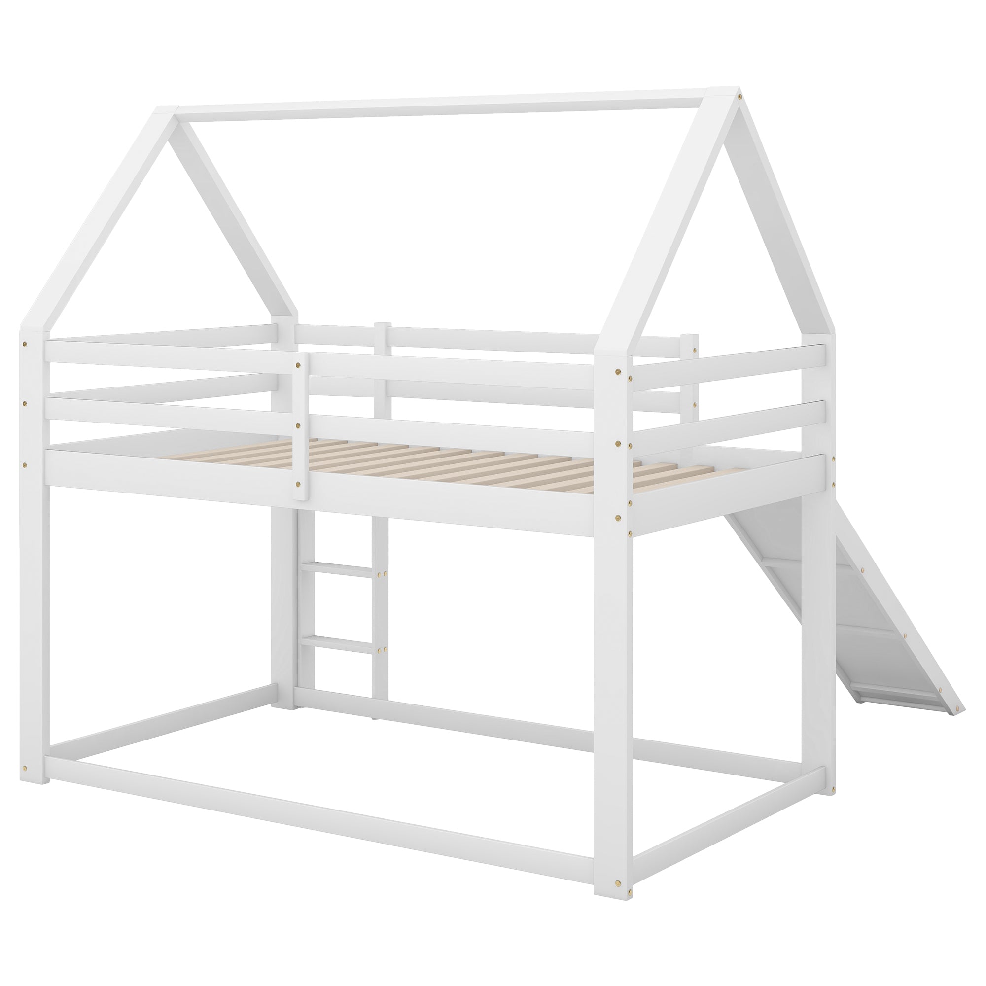 Single House Bunk Bed with Slide and Ladder, 90x200cm, White