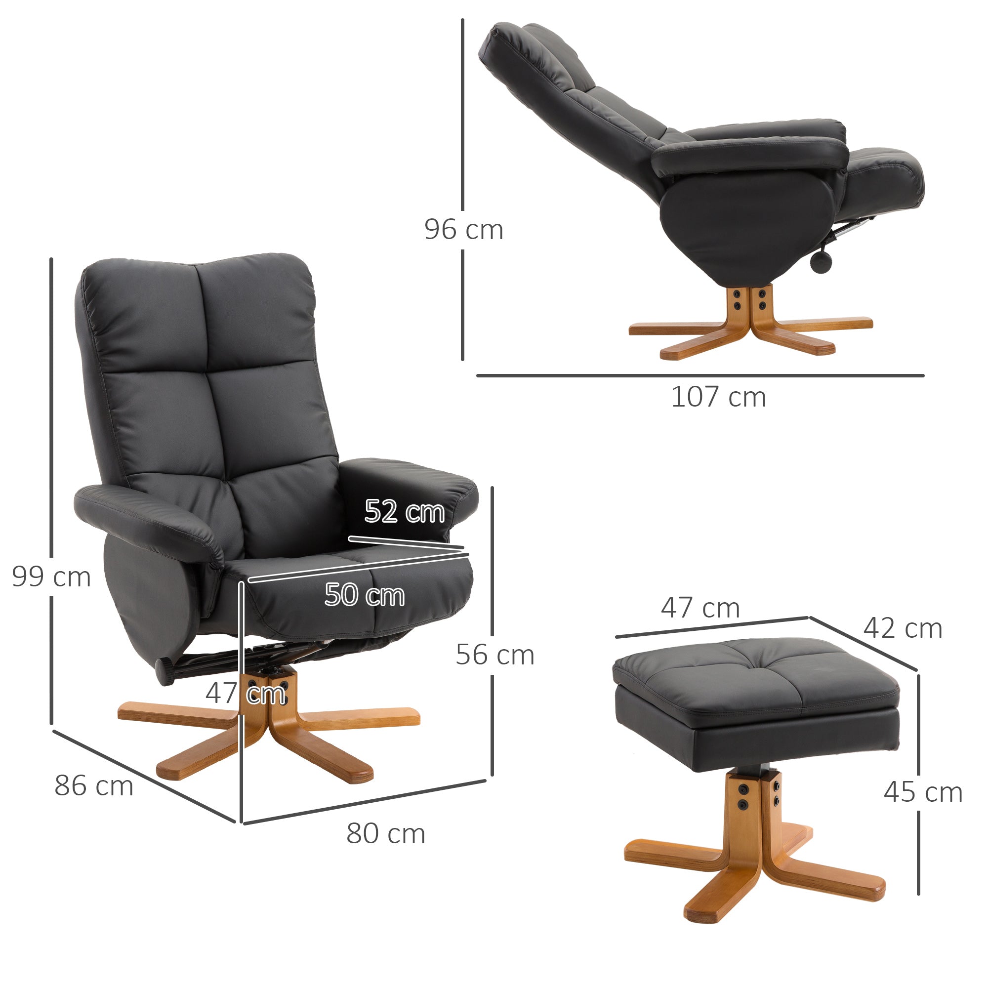 Reclining Armchair with Footstool, 360° Swivel TV Armchair, PU Leather Black