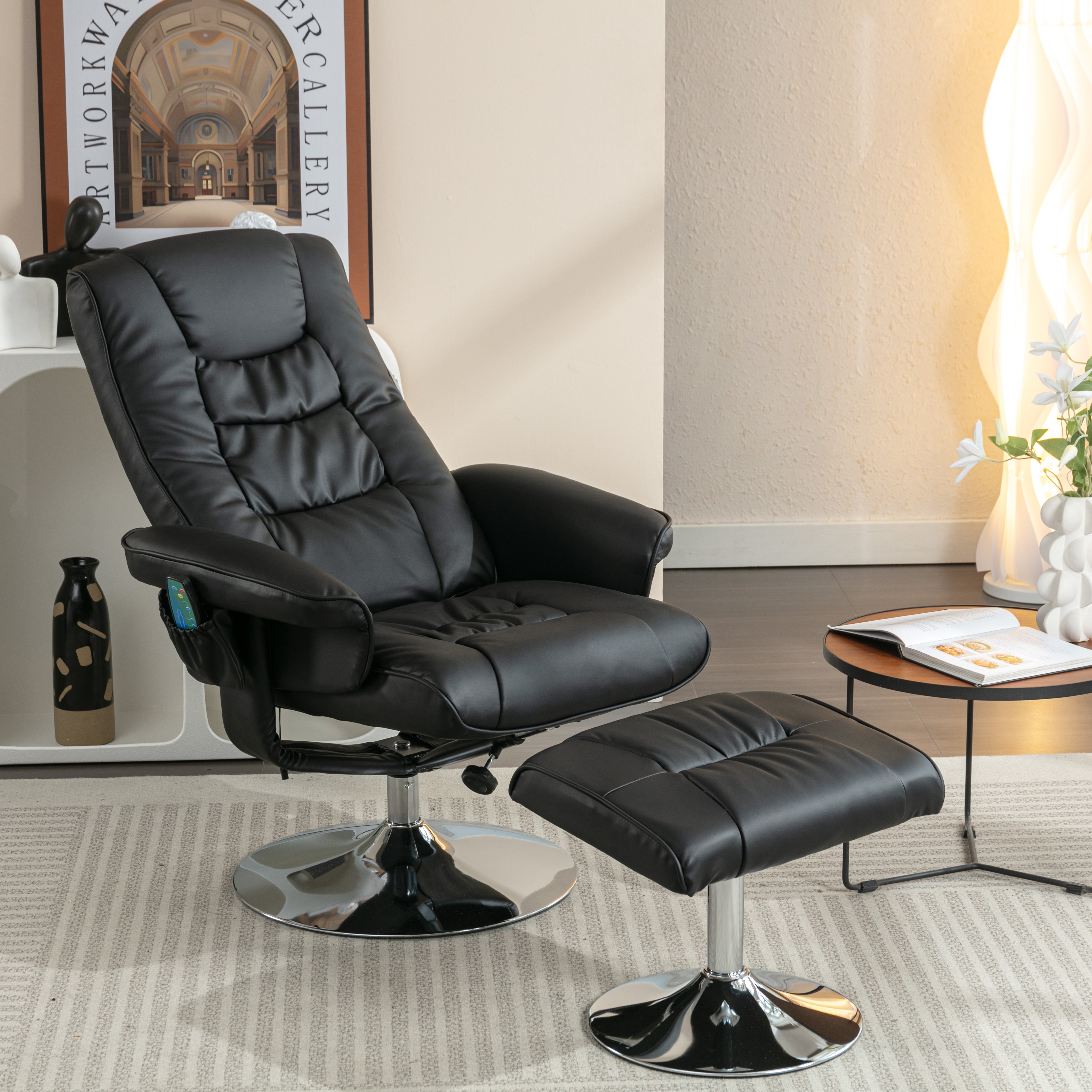 Massage Chair with Ottoman, 5-Point Massager, PU Upholstery, Black
