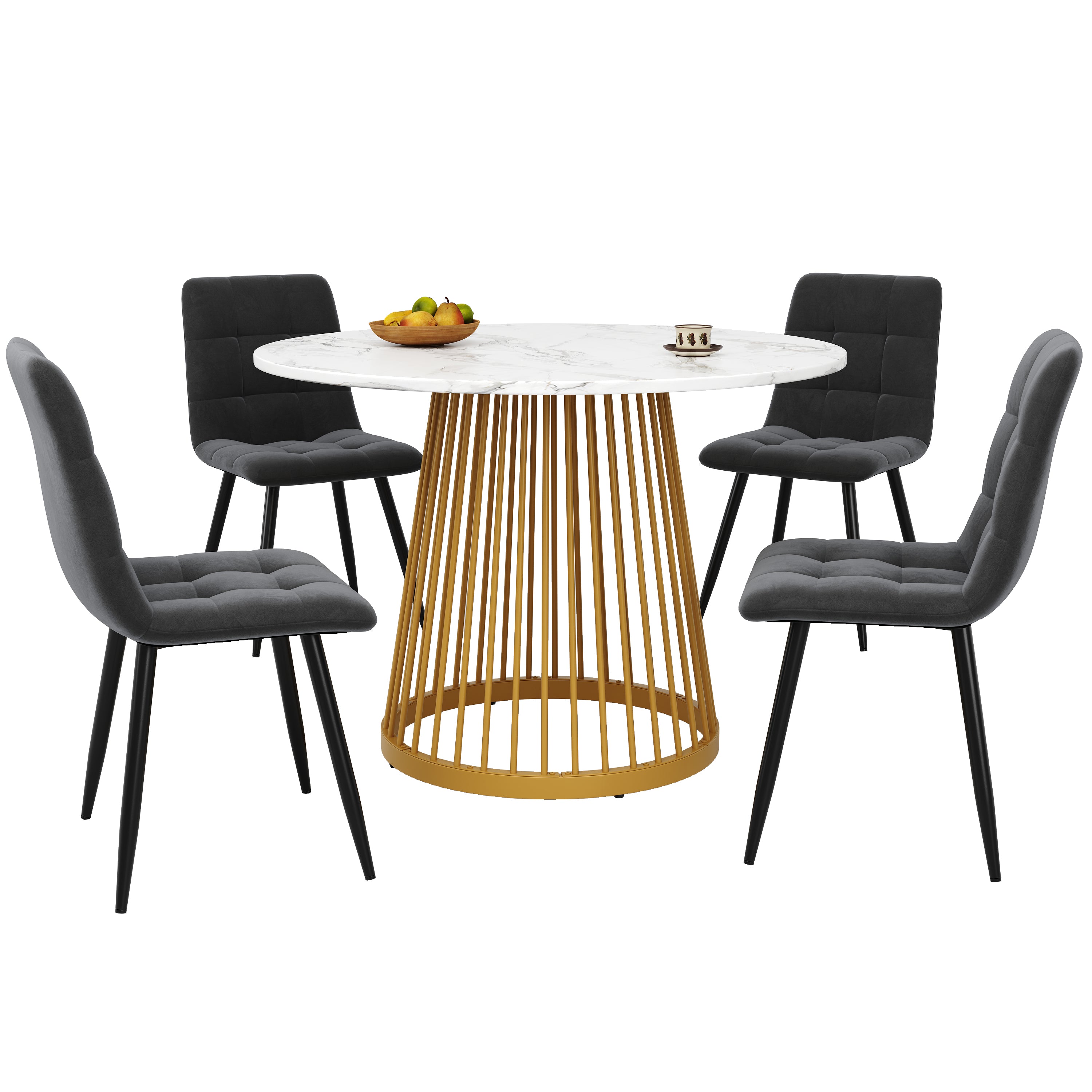 Dining Table Set 5-Piece Round 80cm Gold Metal Legs White MDF Top Dark Grey Velvet