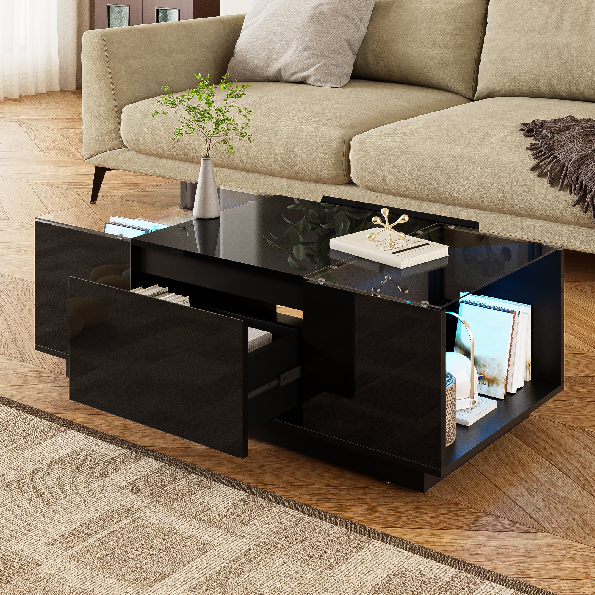 Coffee Table Modern Minimalist 105cm, Storage, LED Lighting, Glass Top, 2 Drawers