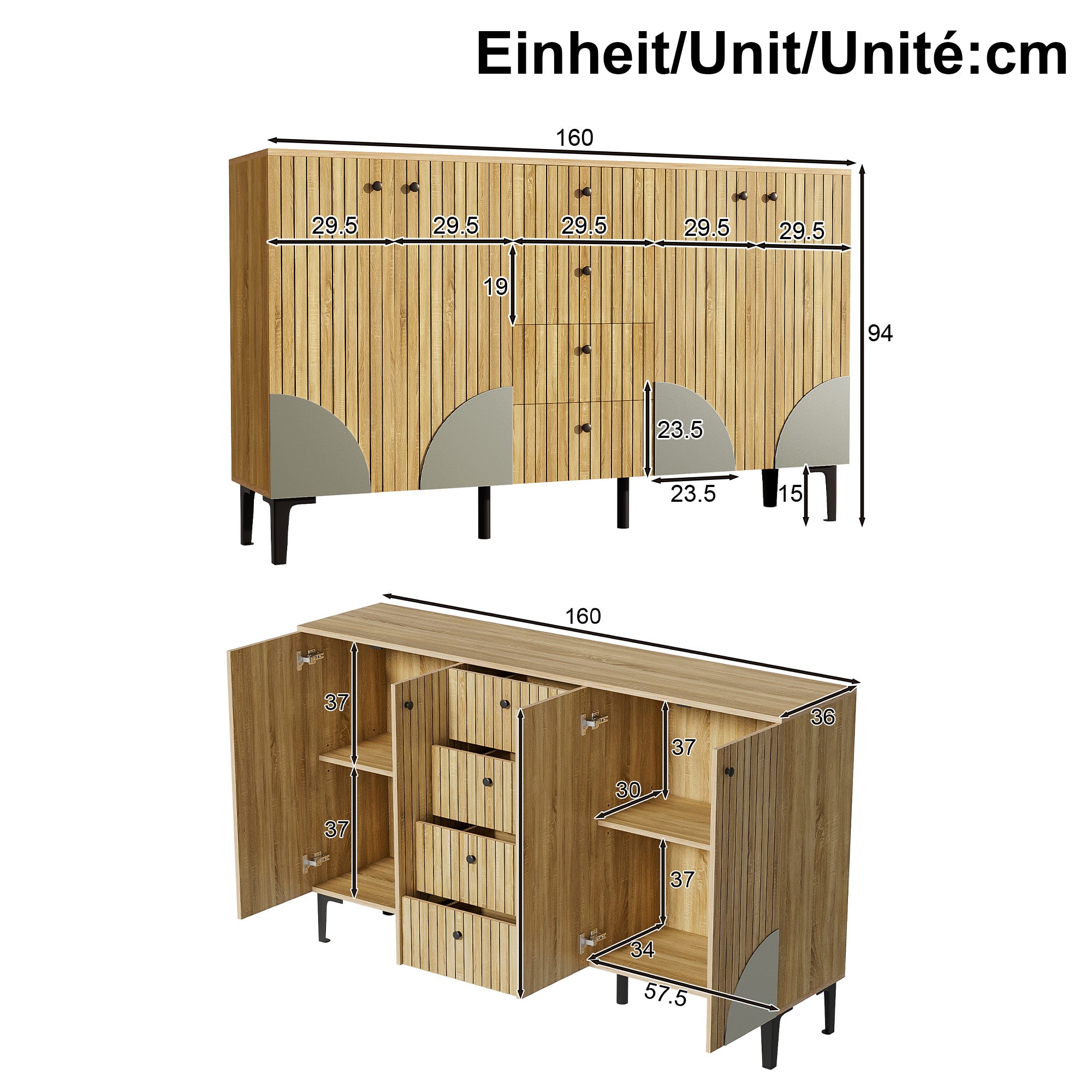 Storage Cabinet 4 Doors 4 Drawers 160x36x94cm - Modern Wood