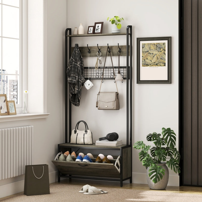 5-In-1 Hallway Tree Industrial-Style Shoe Storage Grey/Black