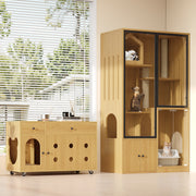 Cat Villa Litter Box Cabinet Glass House - Yellow Maple Wood Color