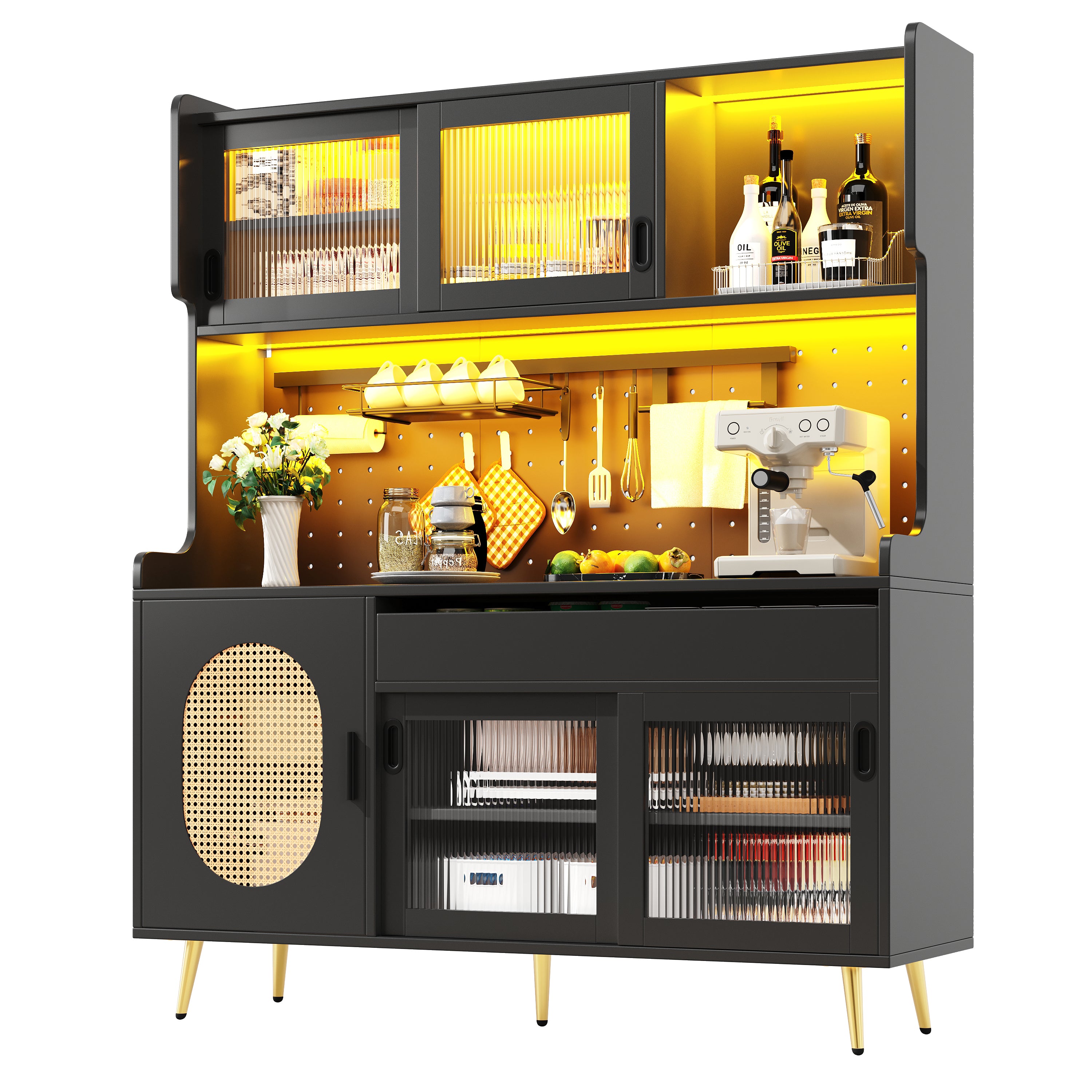 Buffet Cabinet with LED Light Strip and Fluted Glass Doors, Brown and Black