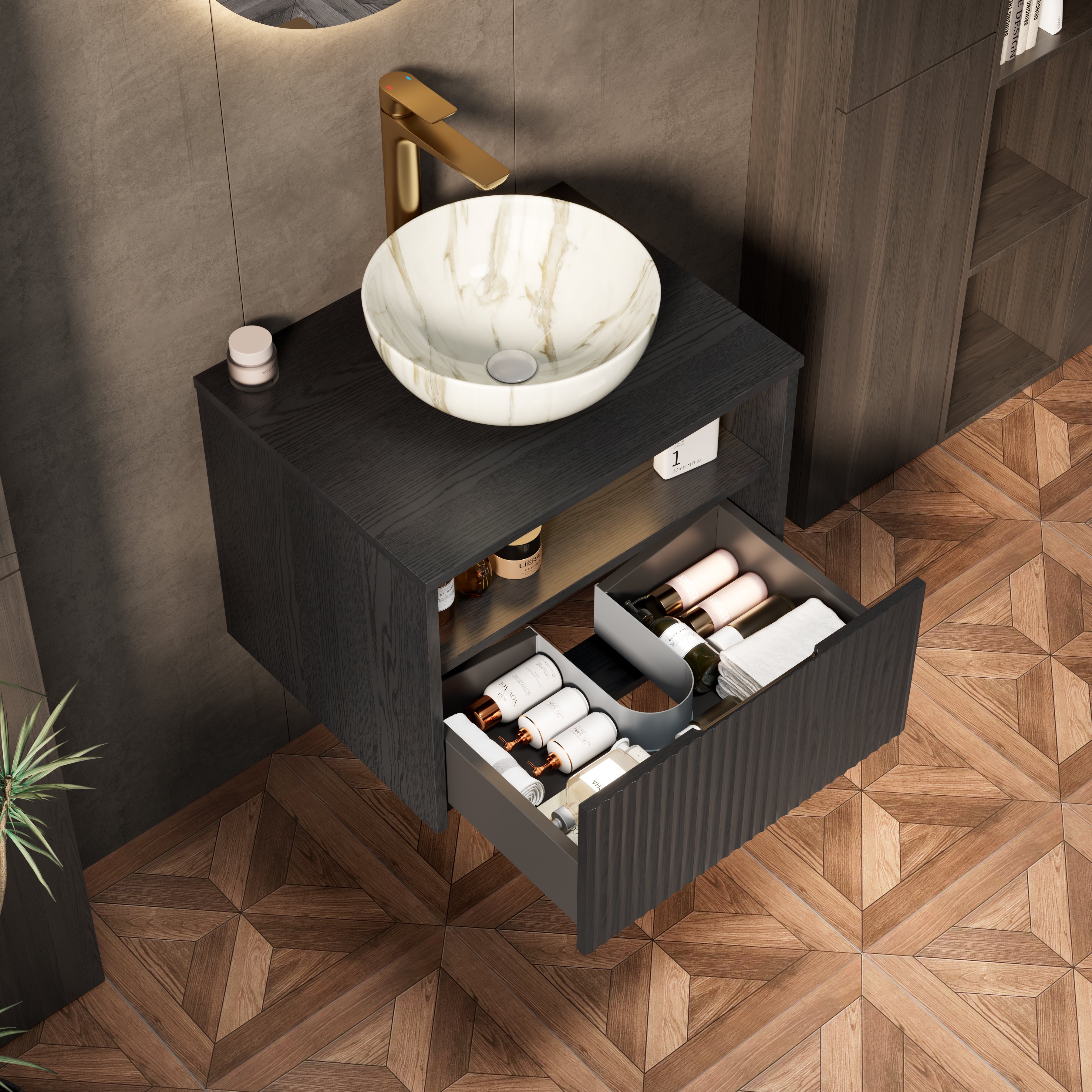 Floating Bathroom Vanity with Ceramic Basin and Sensor Light, Black Plywood