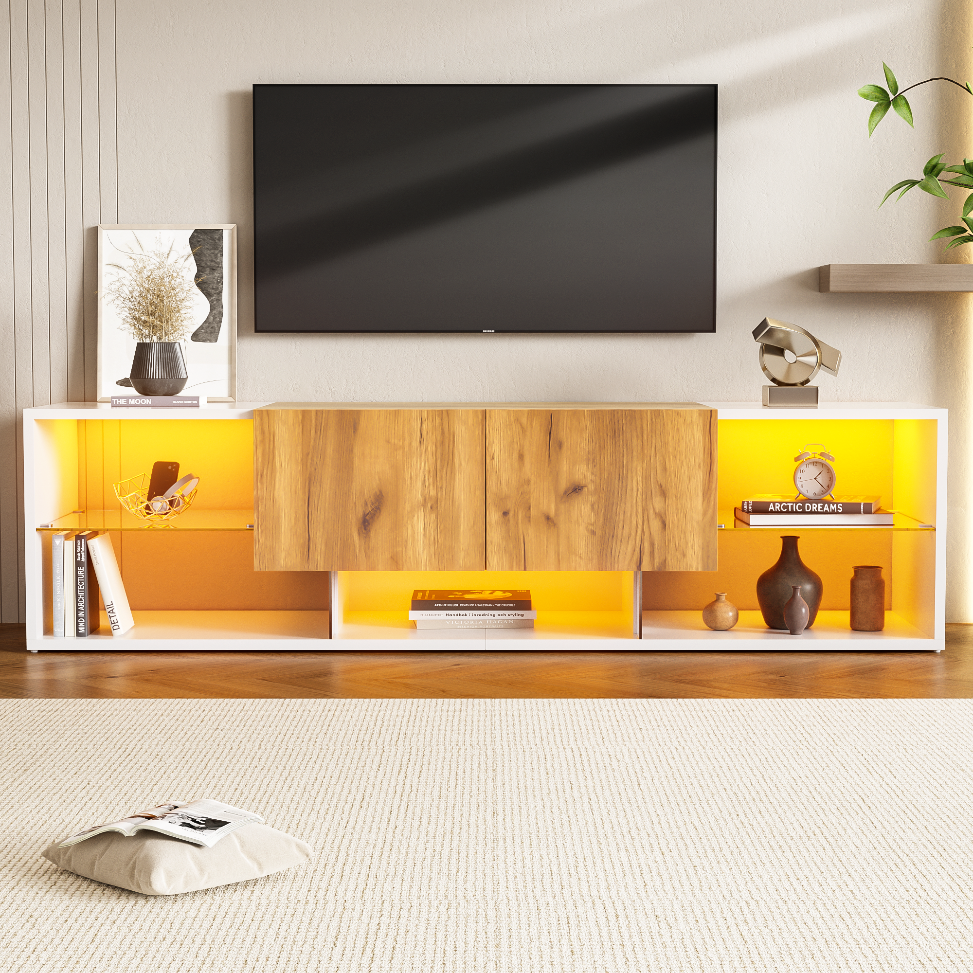 TV Stand 2-Drawer LED for 70 Inch TV, Wood and White MDF