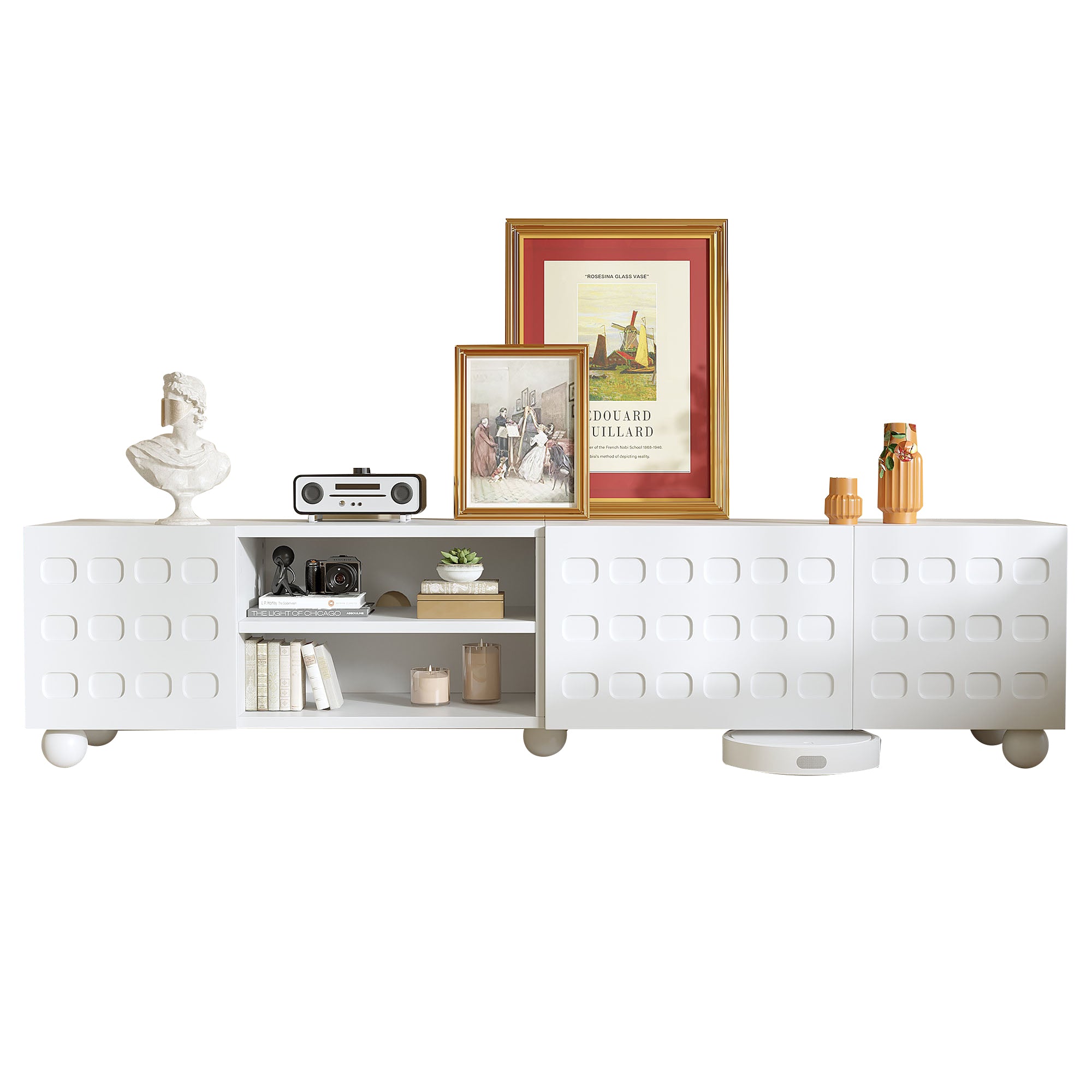 TV Cabinet 200x40x44cm, 3-Door, Printed Design, for up to 80-inch TVs, White