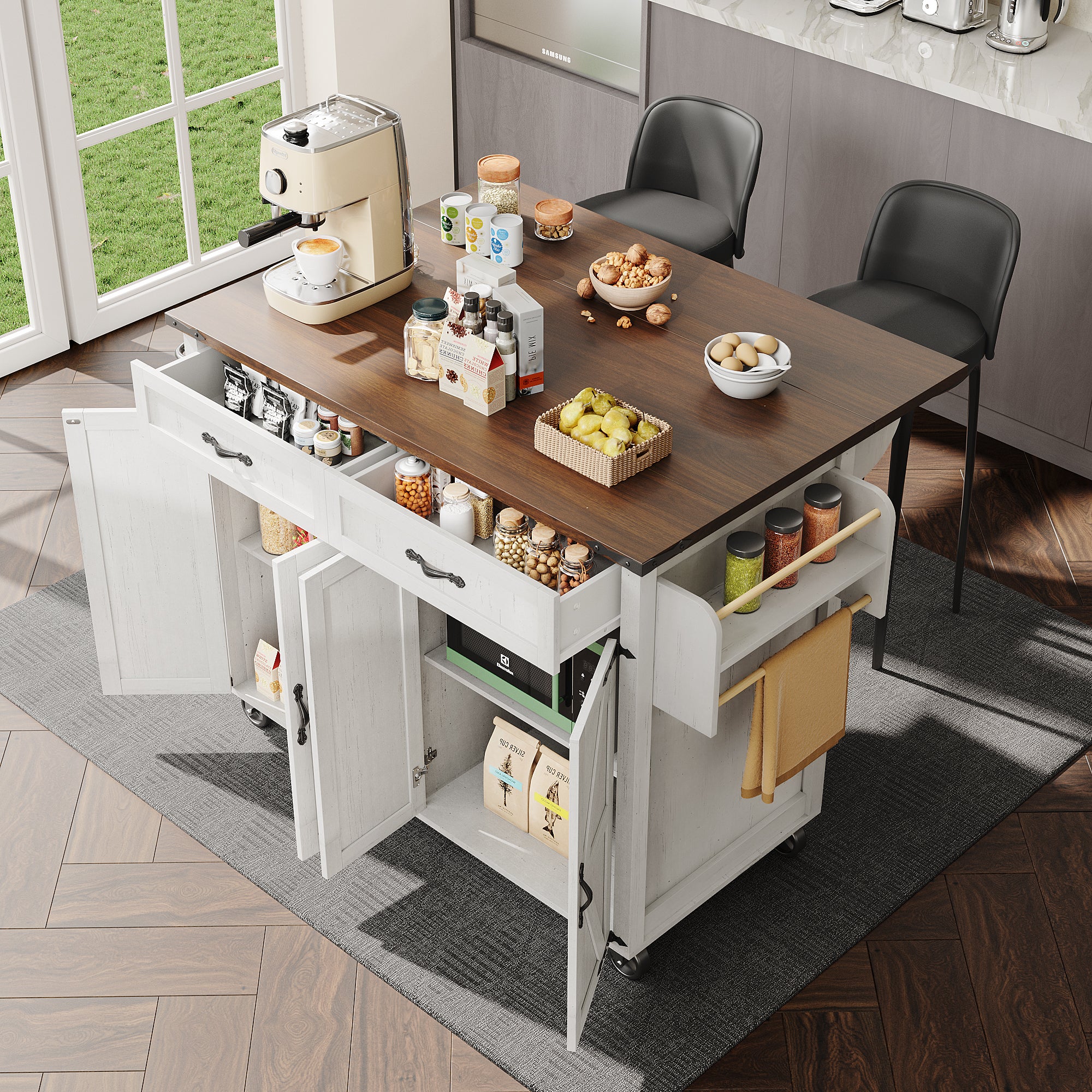 Kitchen Island Serving Trolley, Pull-Out Worktop Storage with 4 Doors and 2 Drawers, Wood Grain