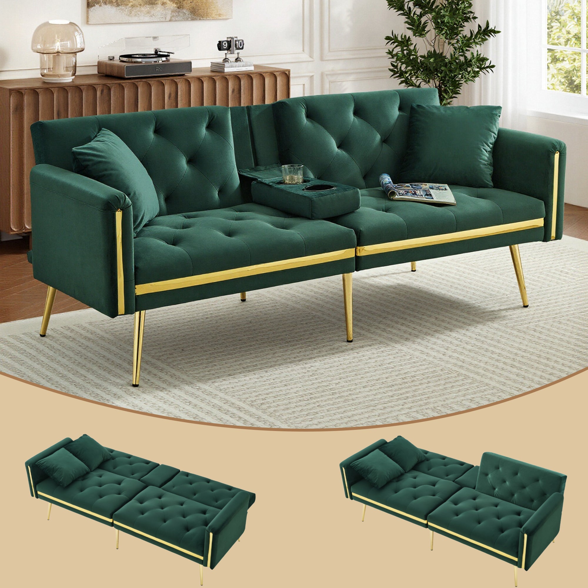 Two-seater Sofa Bed, Adjustable Backrest and Cup Holders, Velvet