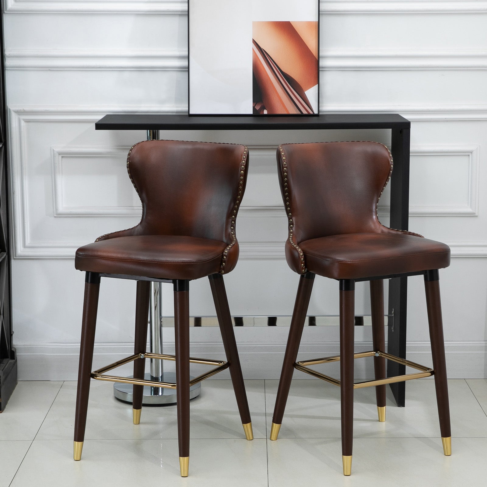 Bar Stool Set of 2, Bistro Chairs Footrest Backrest, PU Brown